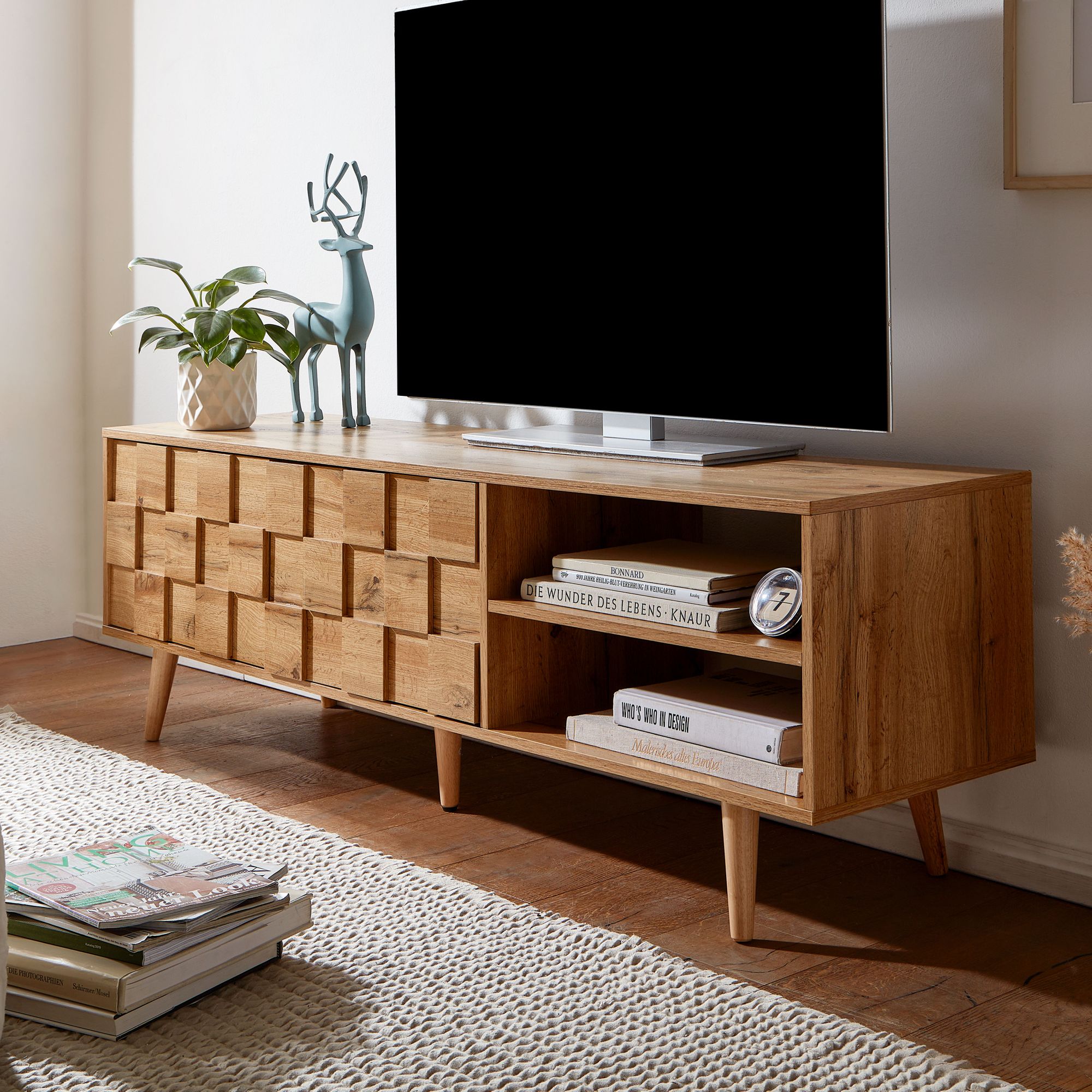 Lowboard wood oak decor 160x51x40 cm tv dresser with two doors