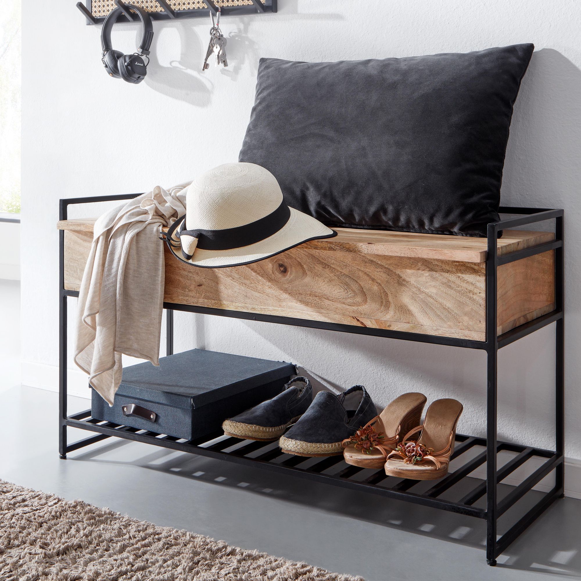 Bench with storage space 90x52x38 cm solid mango wood / metal corridor bench brown