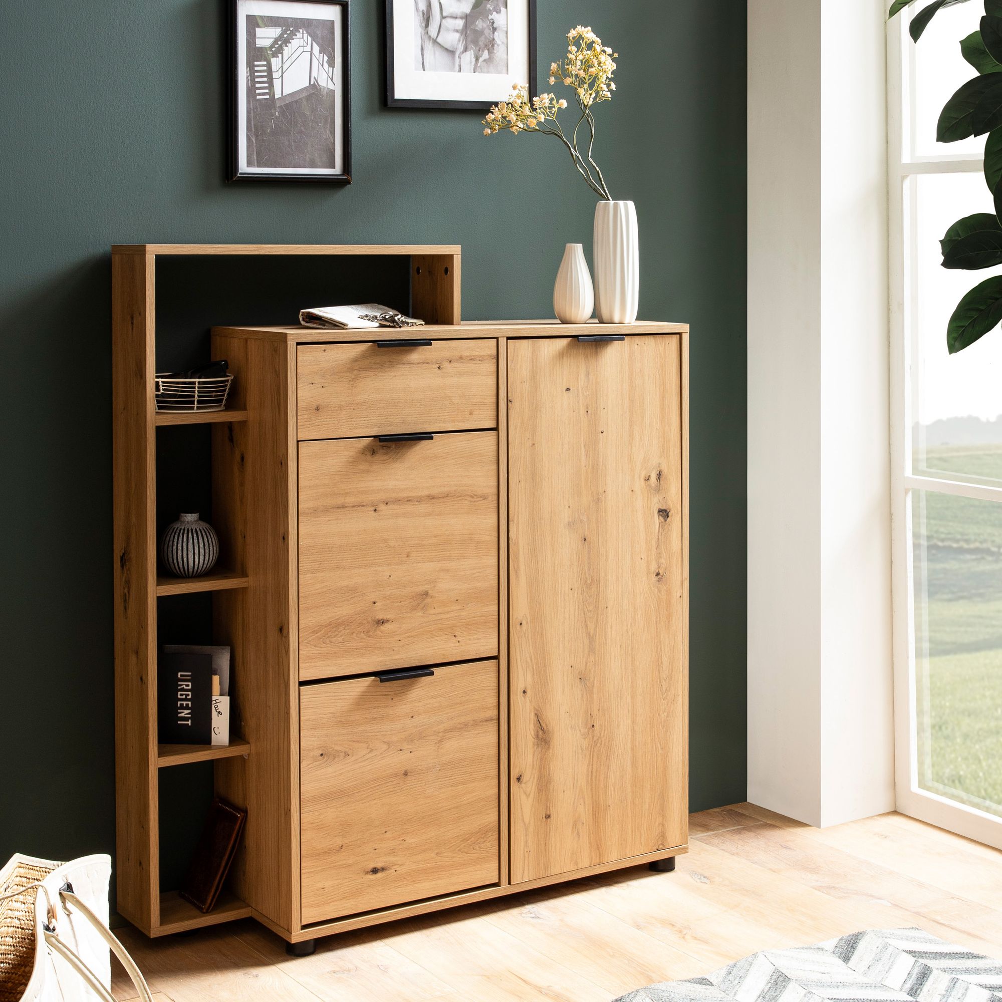 Shoe cabinet oak decor 98x110x30 cm shoe tipper closed, shoe chest of drawers with drawer modern, hall cabinet with shelf and storage, shoe storage hall chest of drawers for shoes high