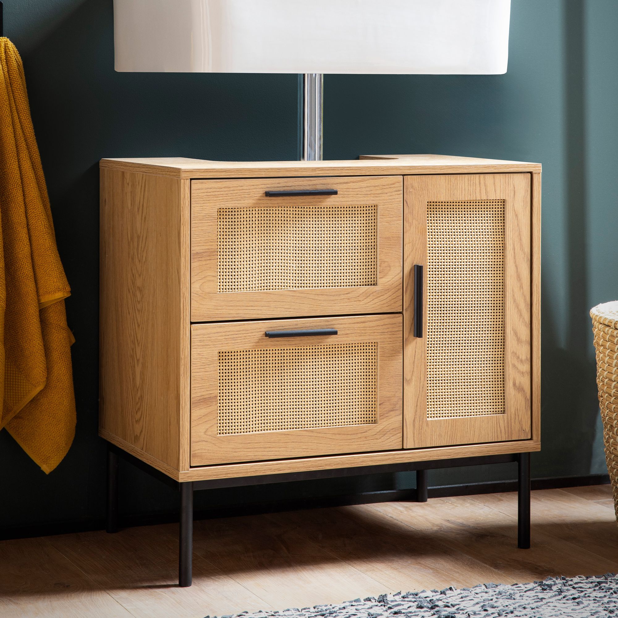 Washbasin base cabinet oak look 60x60x40 cm with door and drawers, bathroom cabinet with rattan weave, standing base cabinet, bathroom cabinet midi cabinet small washbasin
