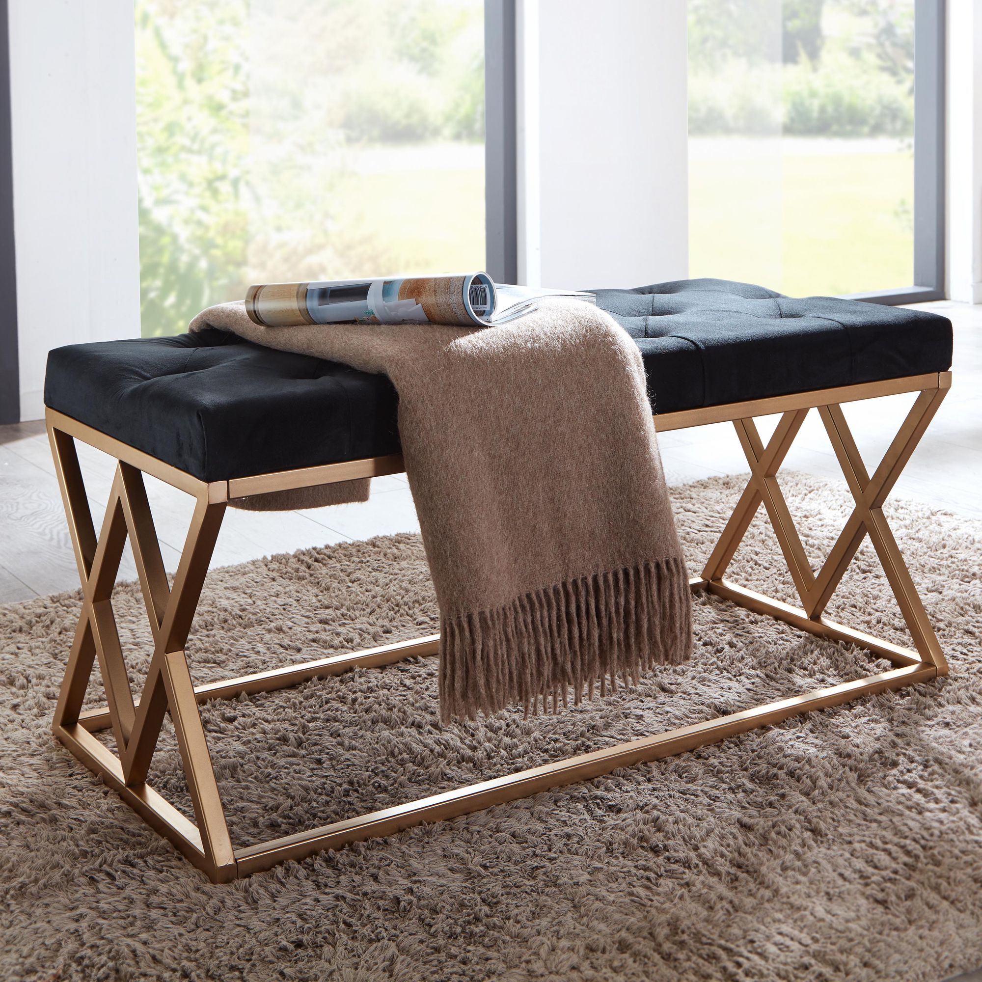 Bench velvet black 90x46x44 cm hallway upholstered bench with metal frame