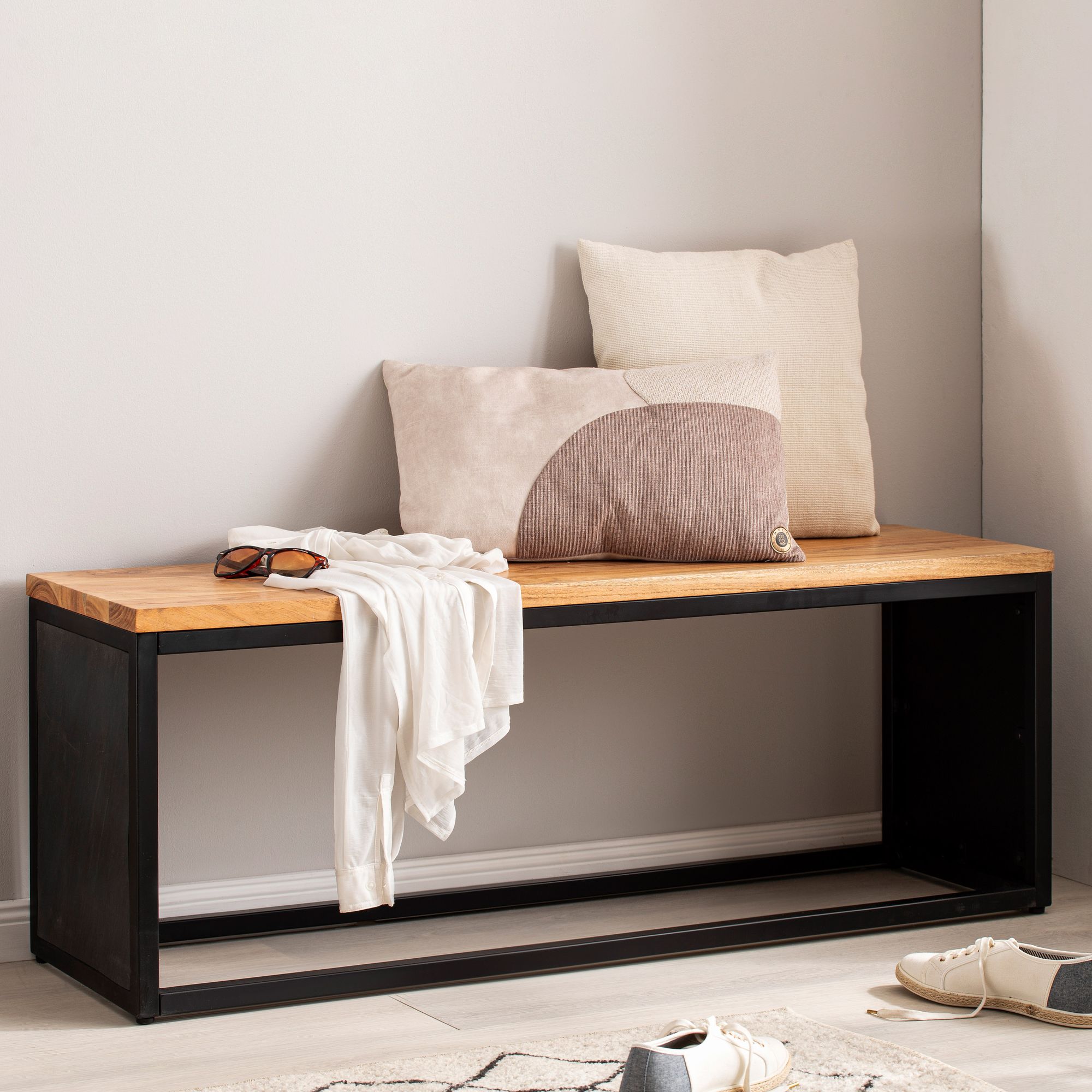 Bench solid acacia wood / stone look 120x45x35 cm hallway bench with metal frame