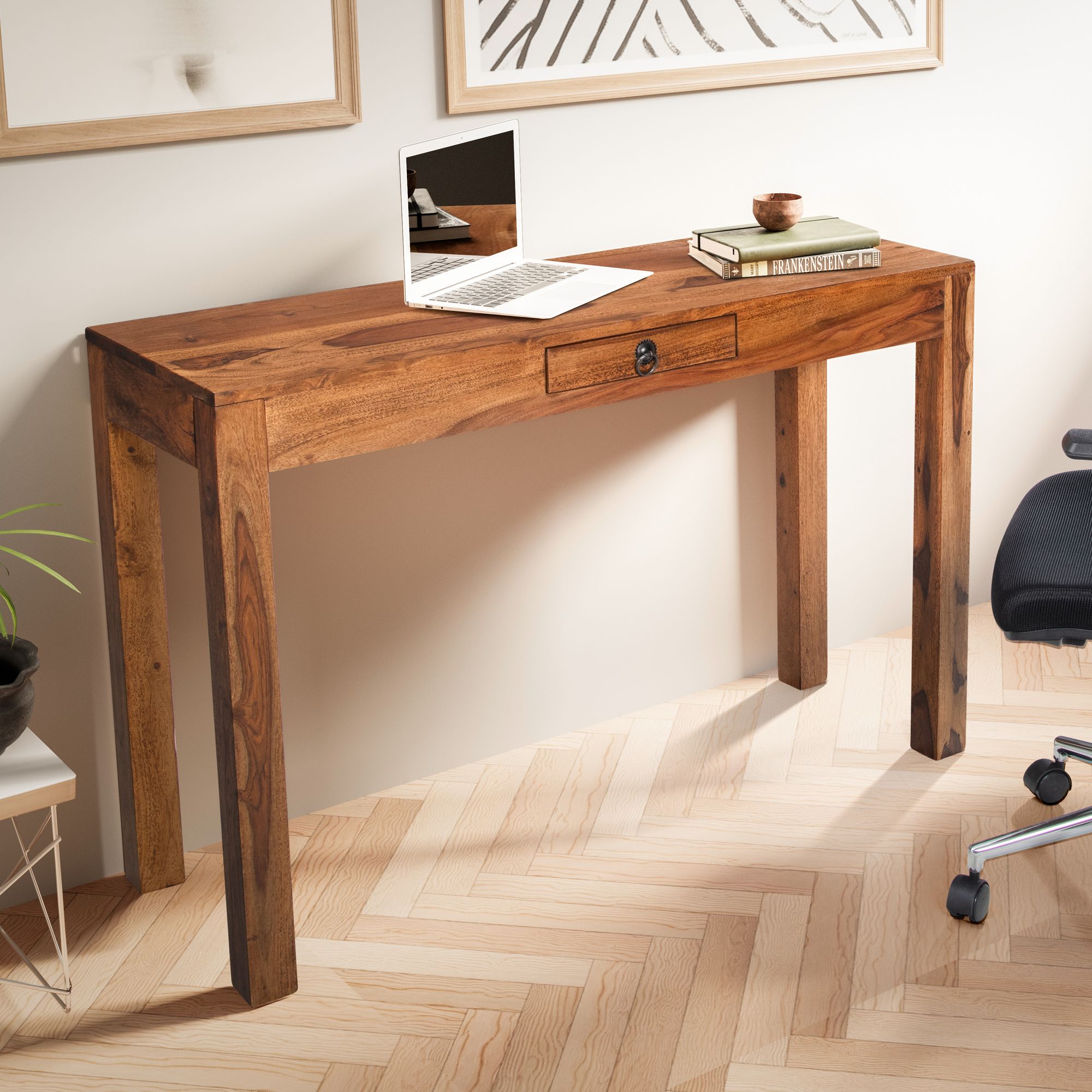 Desk 118x40x76 cm sheesham solid wood computer desk with drawer, home office desk solid narrow space-saving, wooden table laptop table study storage space
