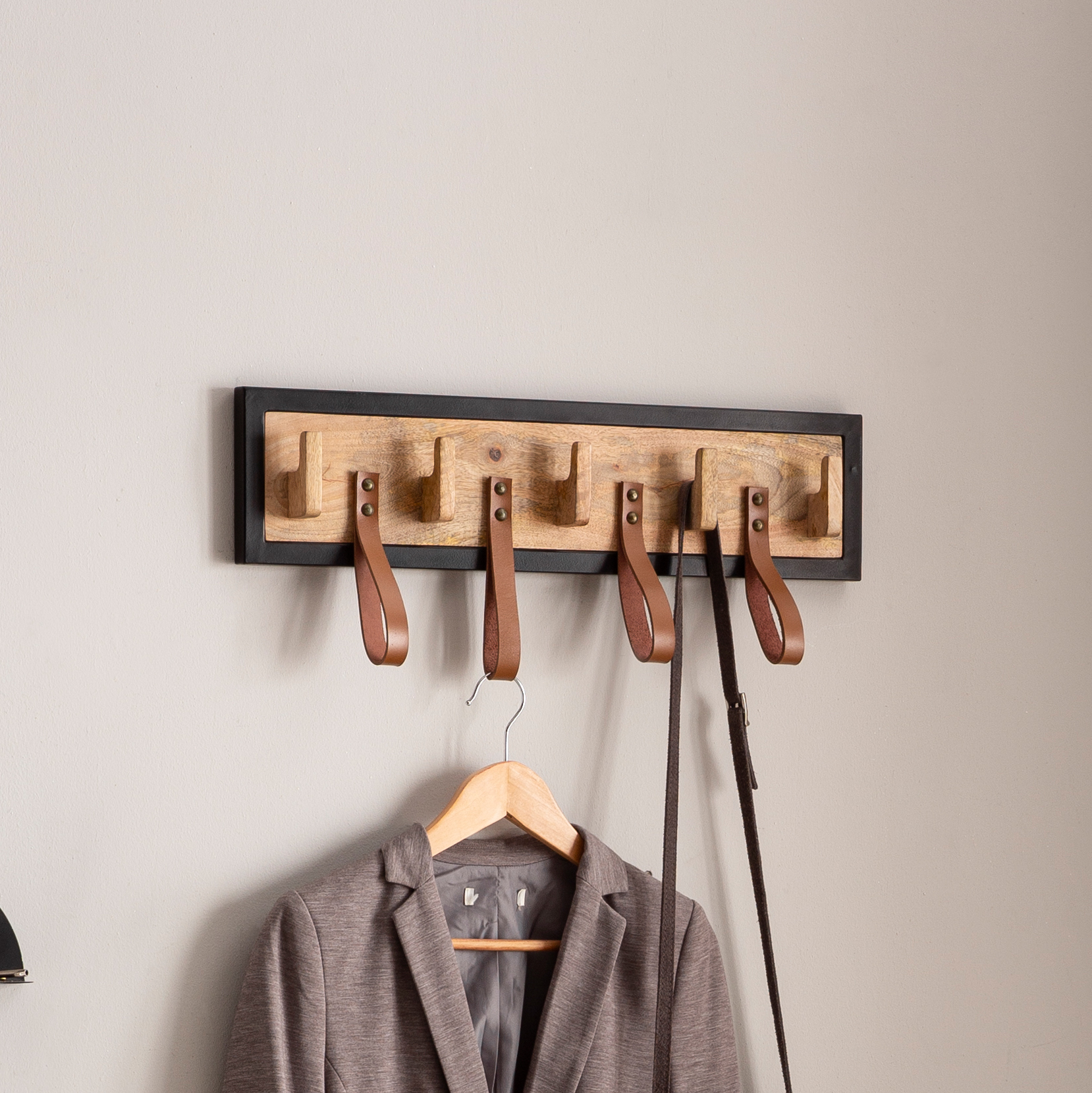 Wall coat rack mango solid wood / genuine leather 60x15x6 cm
