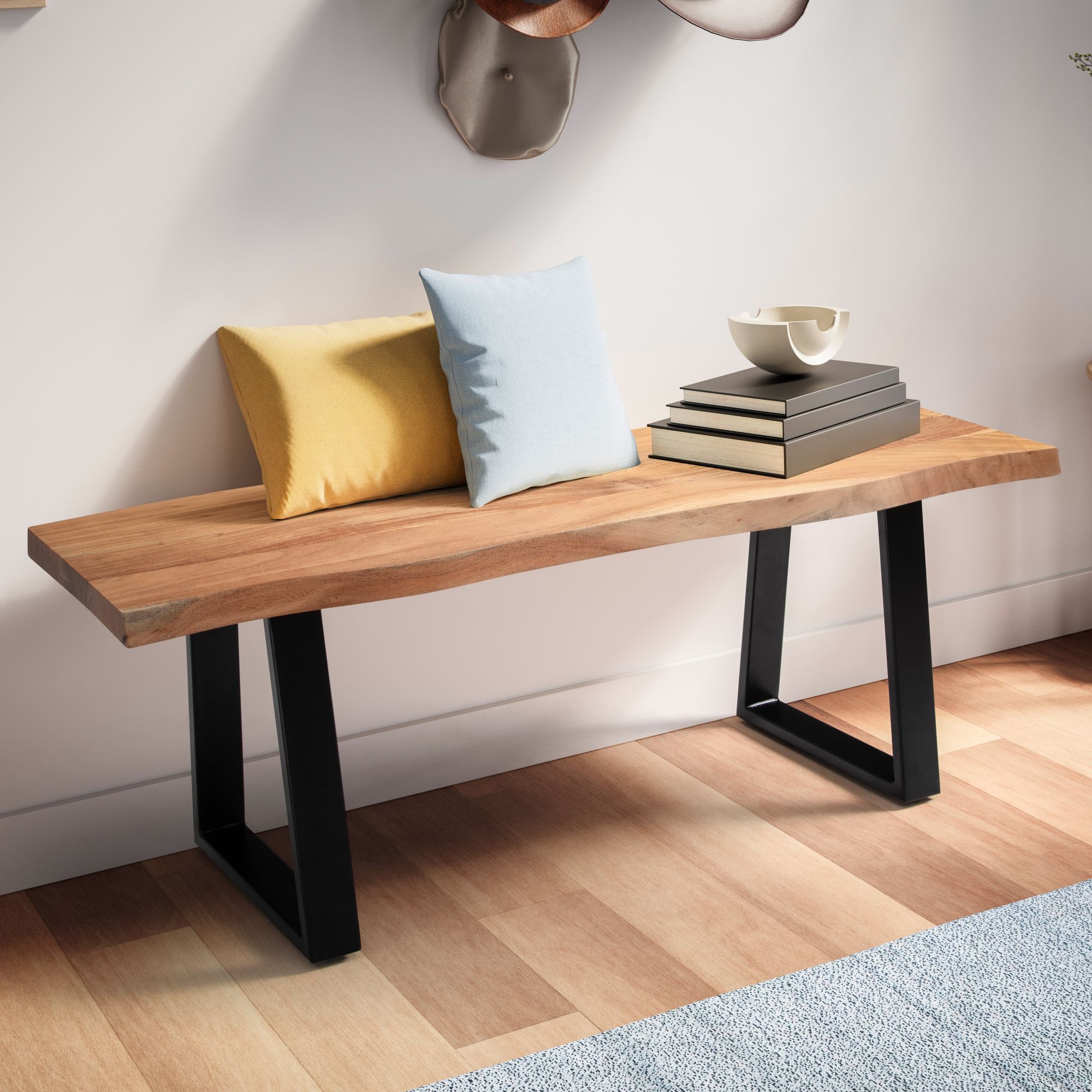 Wardrobe bench 120x40x45.5 cm acacia solid wood / metal with tree edge, hall bench solid wooden bench without backrest, hall bench modern entrance area small trapezoidal legs black