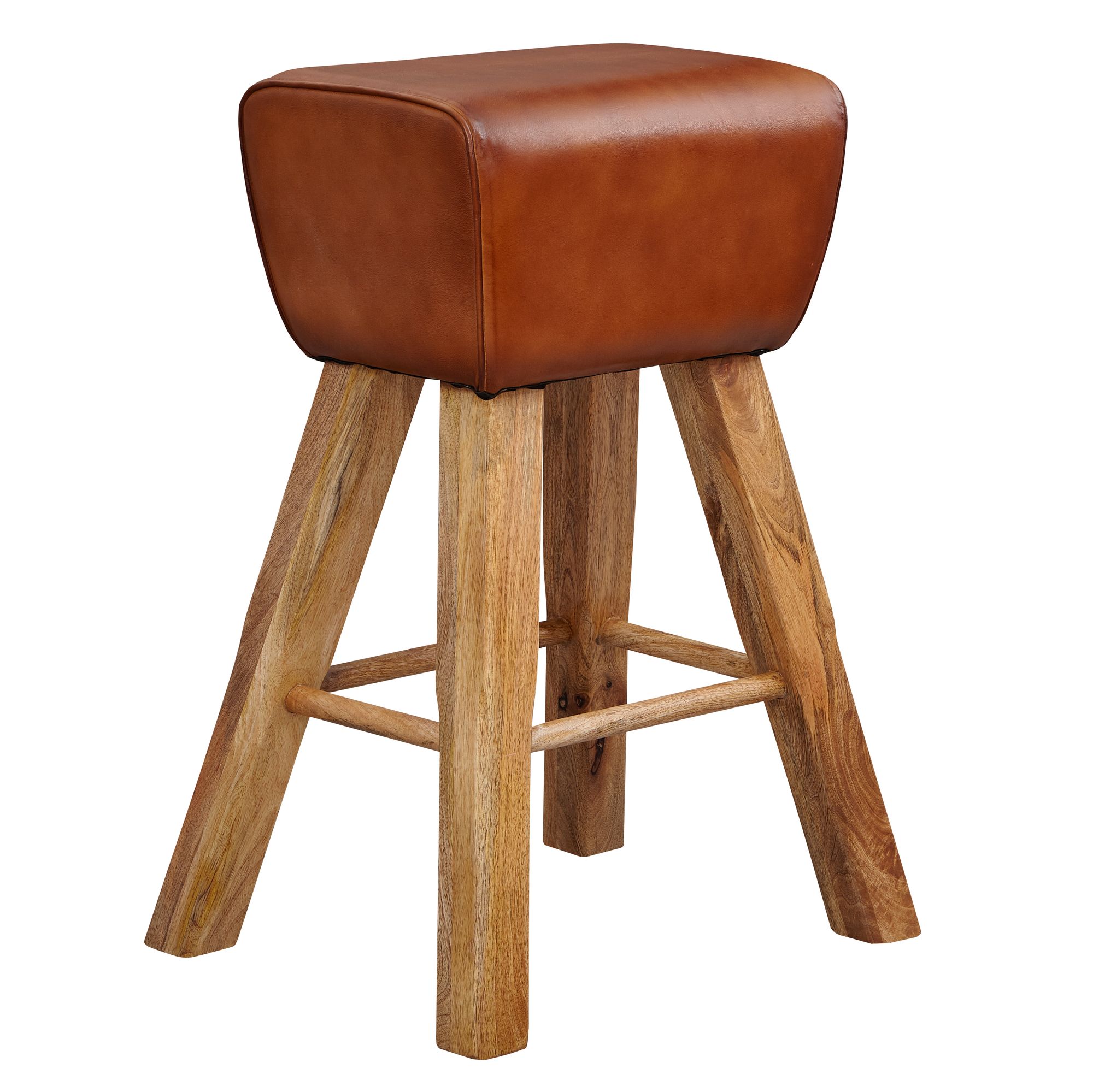 Country Bar Stool Mango Wood & Brown Leather | 43x75x43 cm