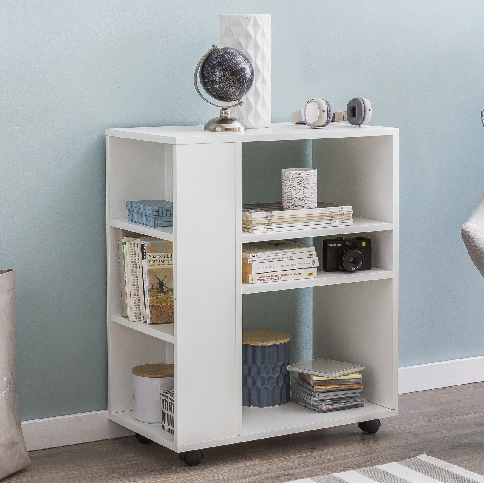 Shelf wl5.694 white 60 x 75 x 35 cm shelf trolley with wheels wood, narrow kitchen shelf, telephone table trolley modern, book shelf narrow standing container high