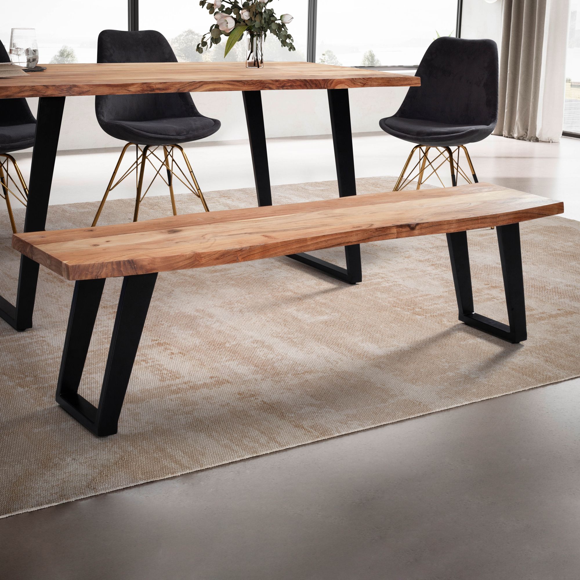 Dining room bench 120x40x45.5 cm acacia solid wood / metal with tree edge, dining table bench modern, solid wooden bench without backrest, kitchen bench dining bench with u-legs, small dining room bench