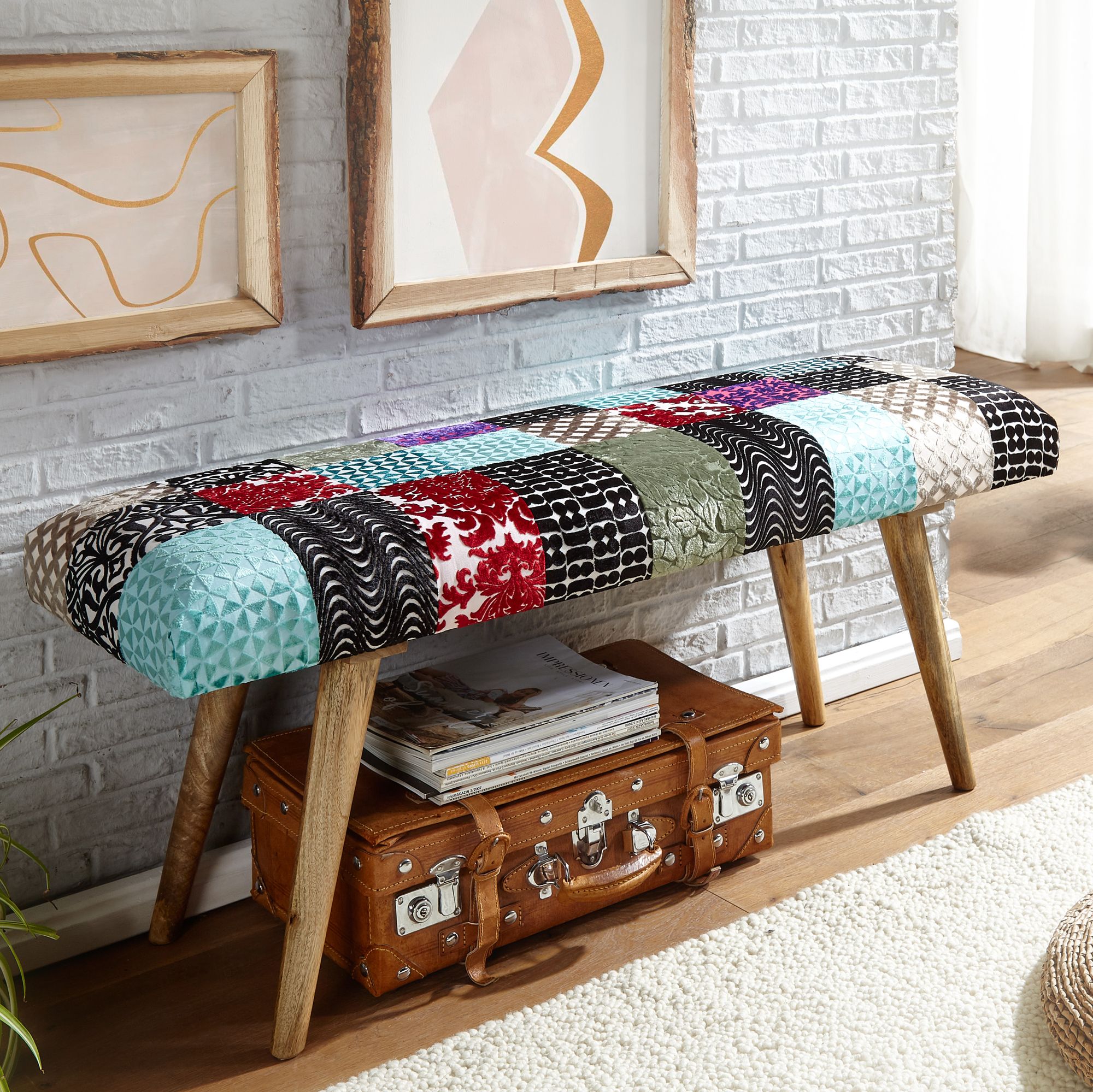 Bench velvet / solid wood bench multicolored 117x51x38 cm bed bench patchwork