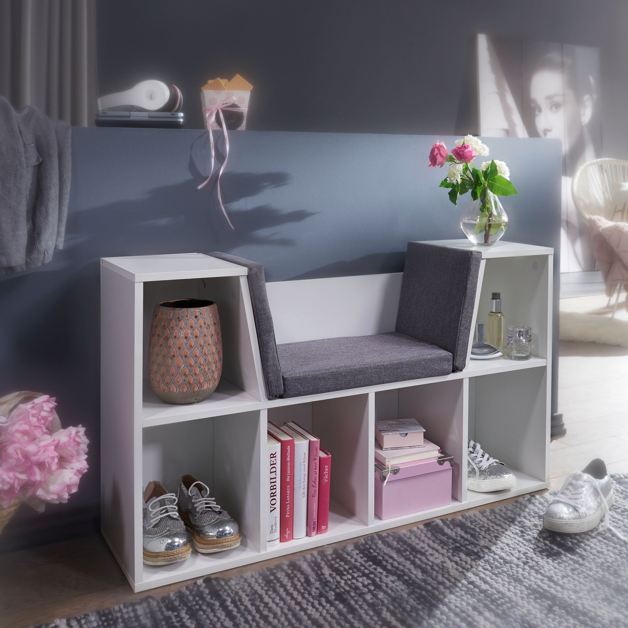 Design shelf with seat 101.5 x 61.5 x 30 cm white matt