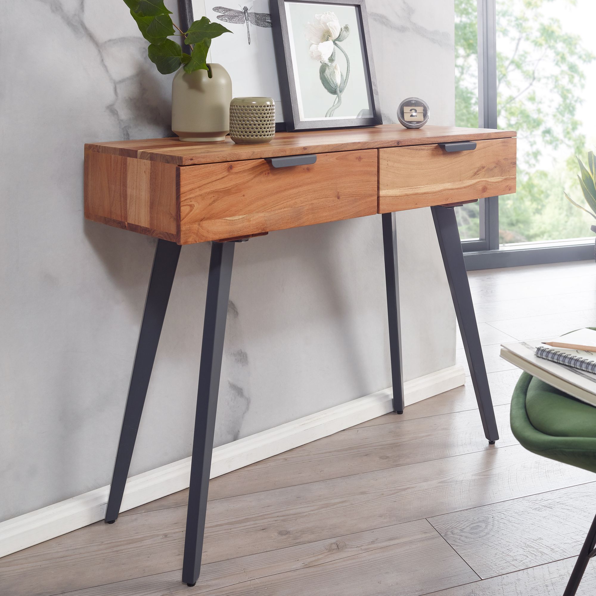 Console  90 x 78 x 36 cm acacia solid wood / metal console with drawers