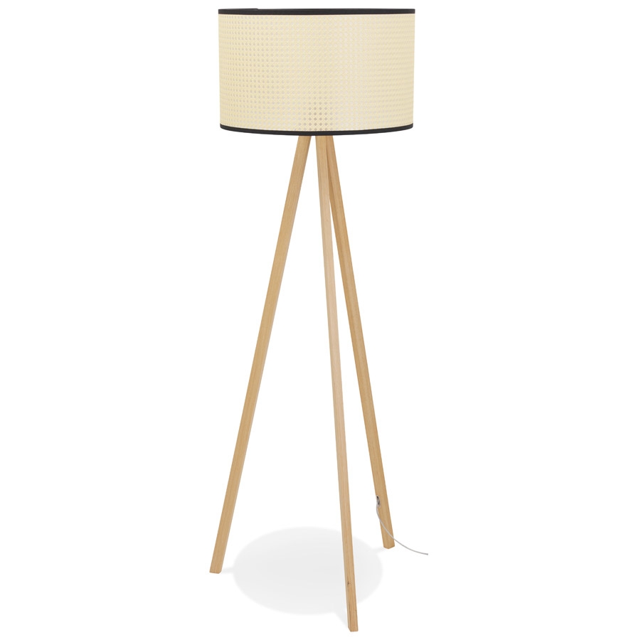 'RITA' rattan tripod floor lamp with 3 legs in natural wood finish