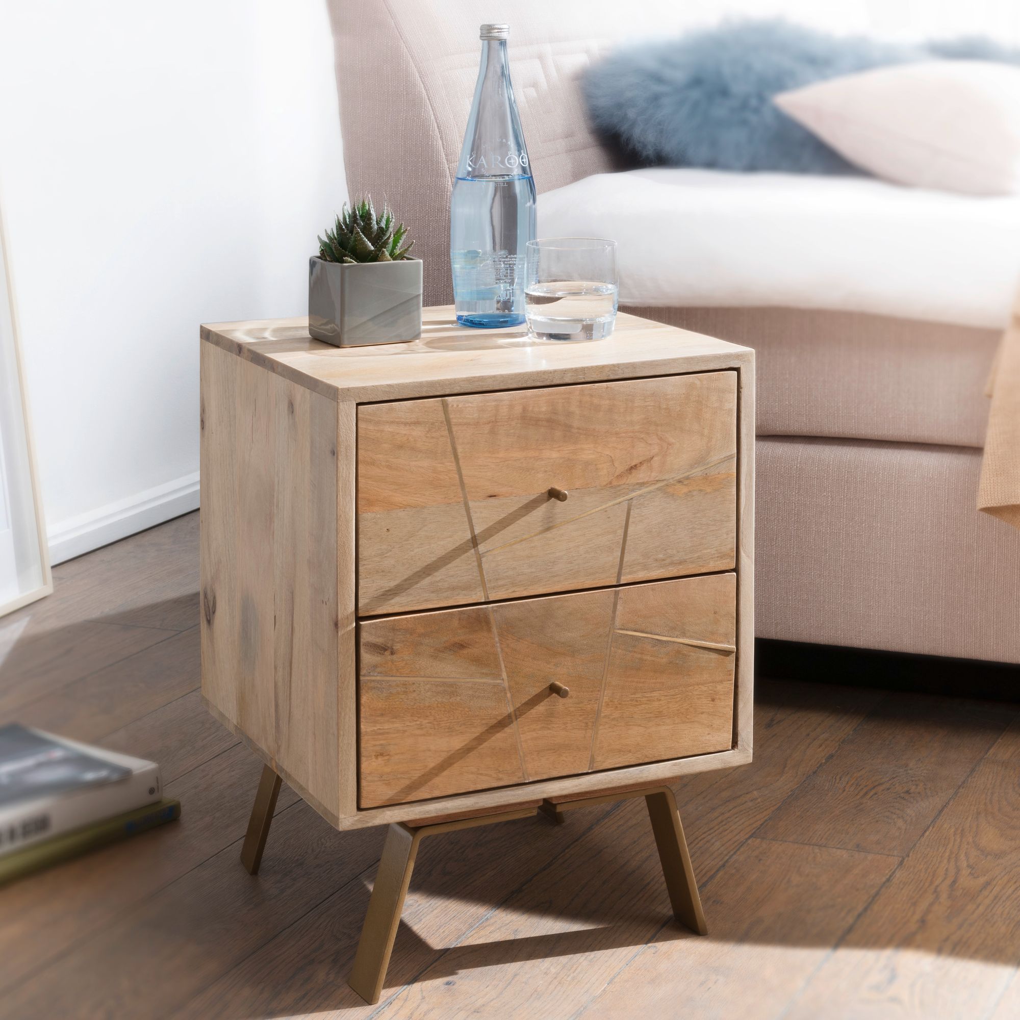 Mango Solid Wood Nightstand Brown 40x56x40cm | Rustic Landhaus Style Night Table with Gold Metal Drawers