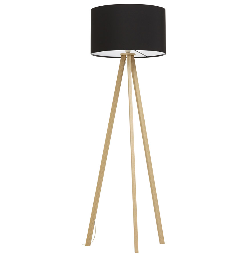 Tripod floor lamp 'SPRING' with black shade and 3 natural feet