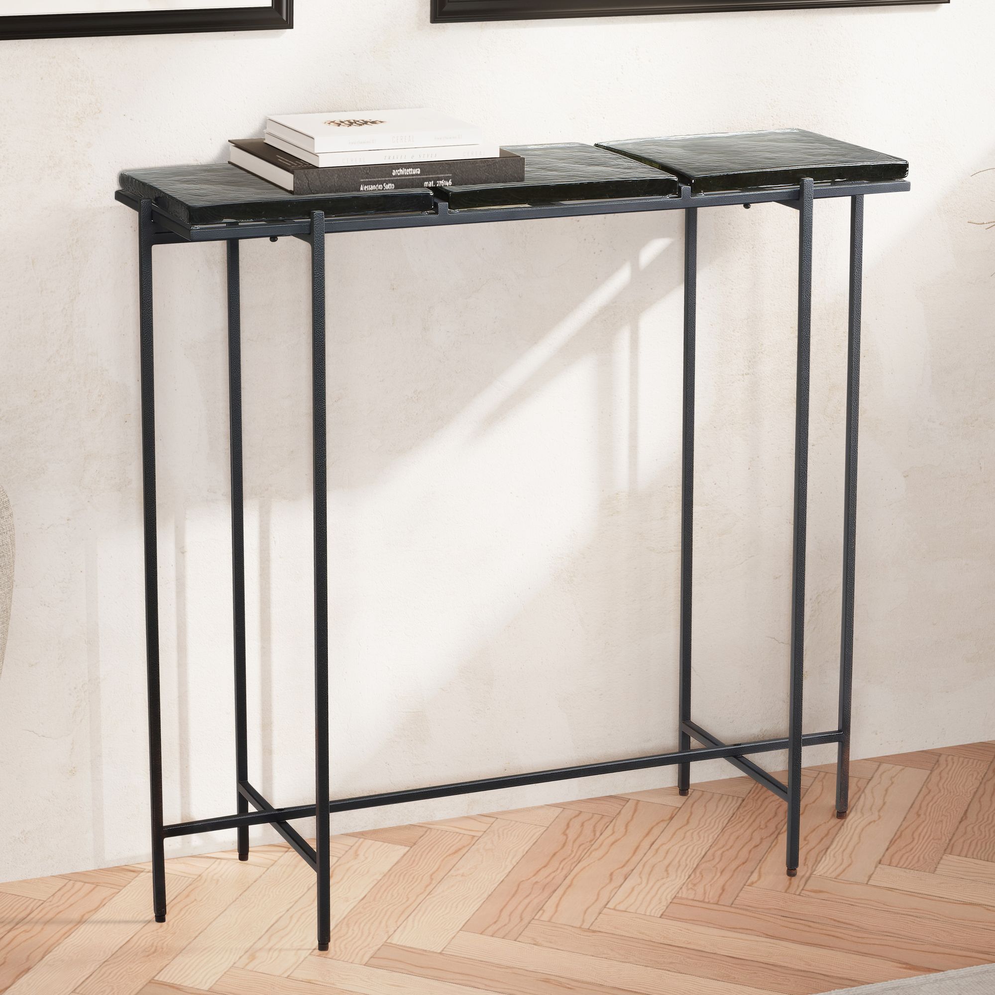 Console table black 90x29x85 cm design sideboard glass hallway, storage table with metal frame narrow modern, hallway table with removable table tops, hall table long high