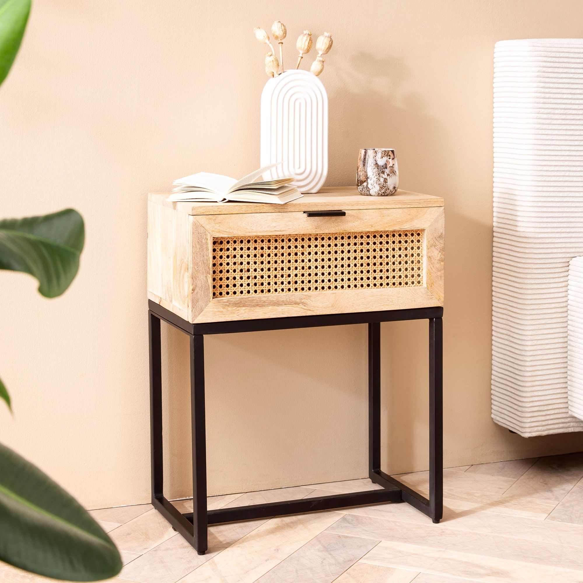Nachtkonsole Mango Solid Wood, Rattan & Metal | Light Brown & Black | 50x60x30 cm