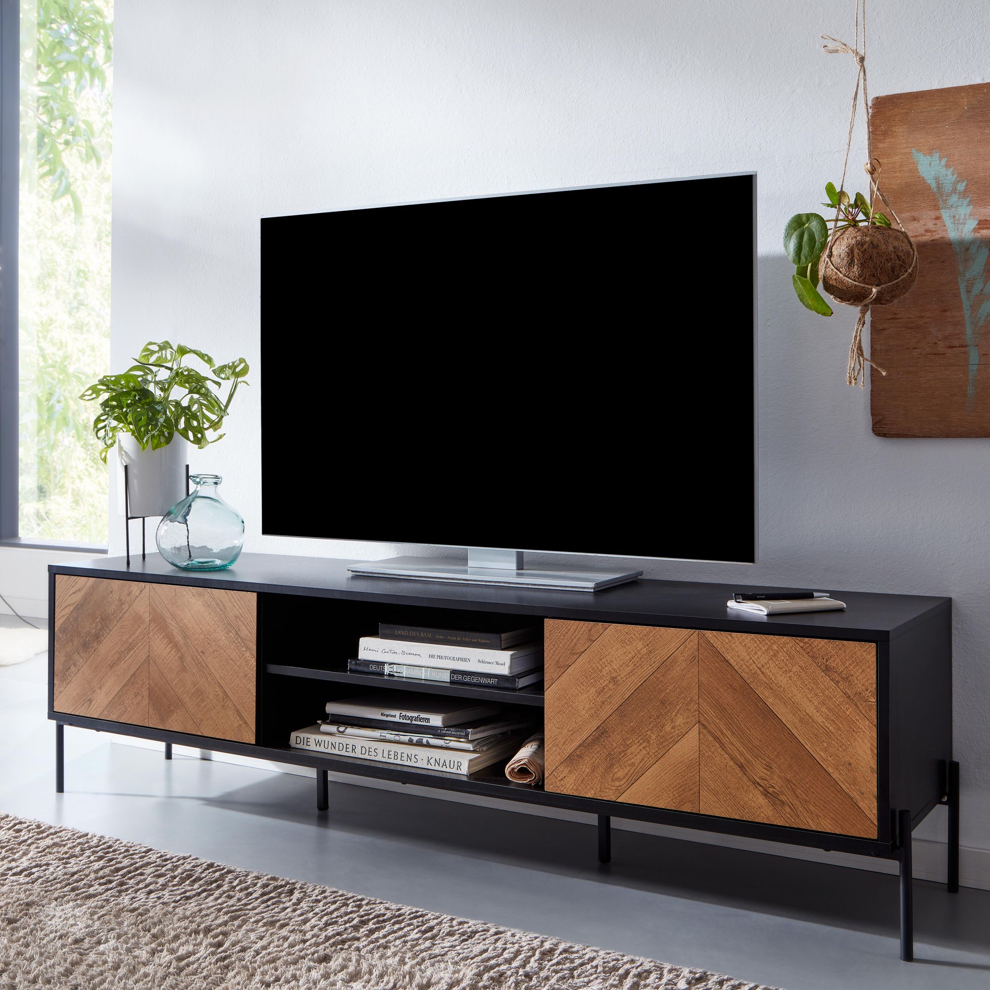 Lowboard wood black / oak decor 163x45x40 cm tv dresser with two doors