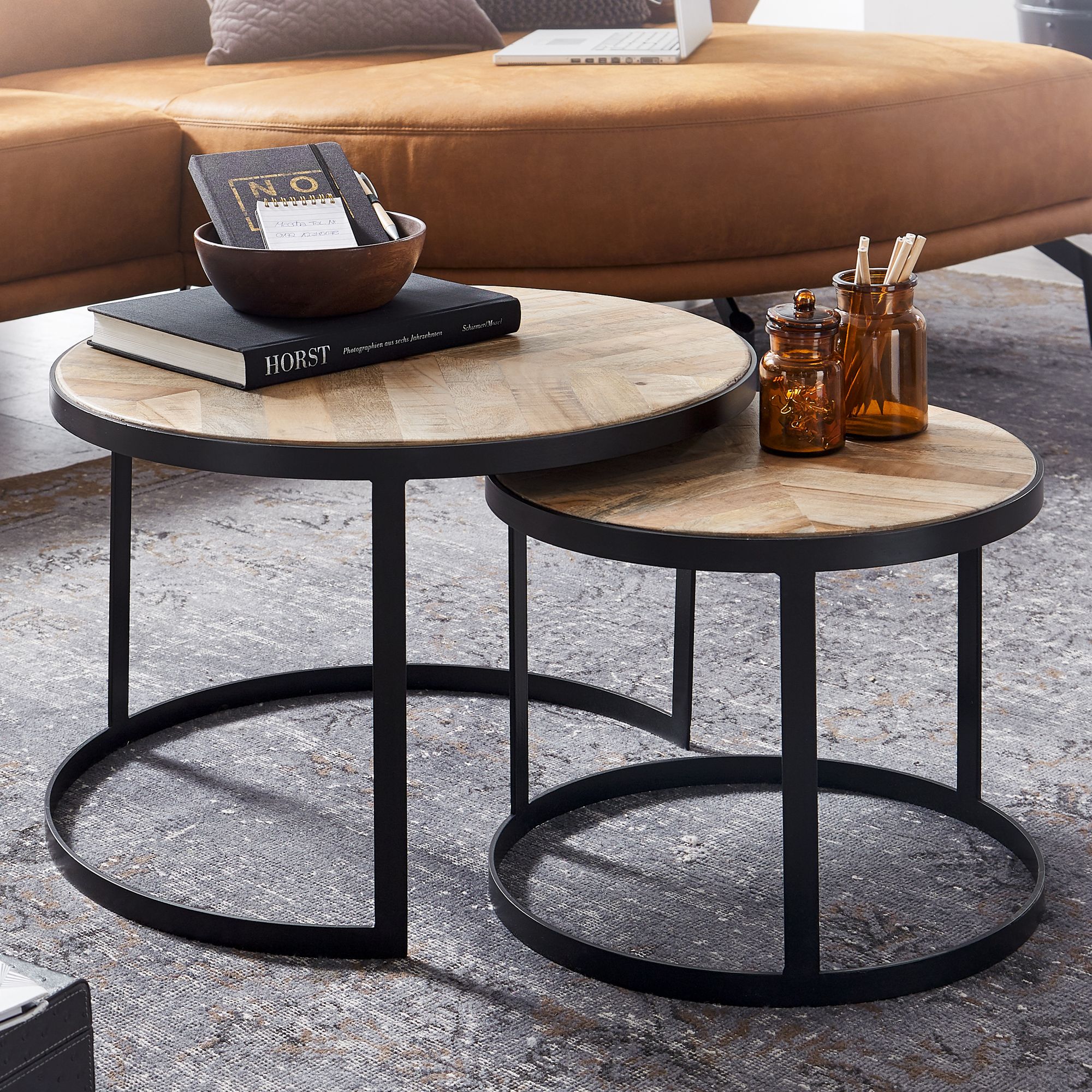 2-Piece Coffee Table Set | Solid Acacia & Mango Wood Brown | Black Metal Legs | 60x60x41 cm & 44x44x35 cm