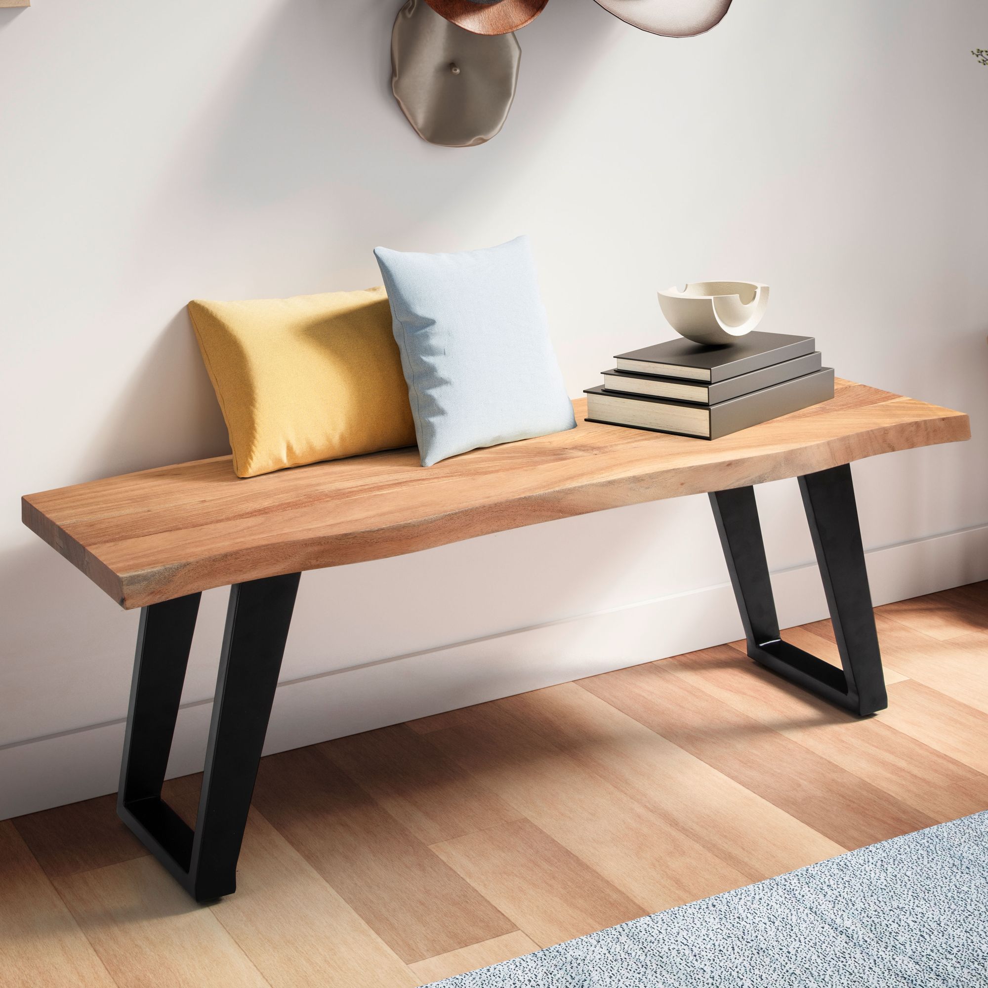 Wardrobe bench 120x40x45.5 cm acacia solid wood / metal with tree edge, hall bench solid wooden bench without backrest, hall bench modern entrance area small u-legs black