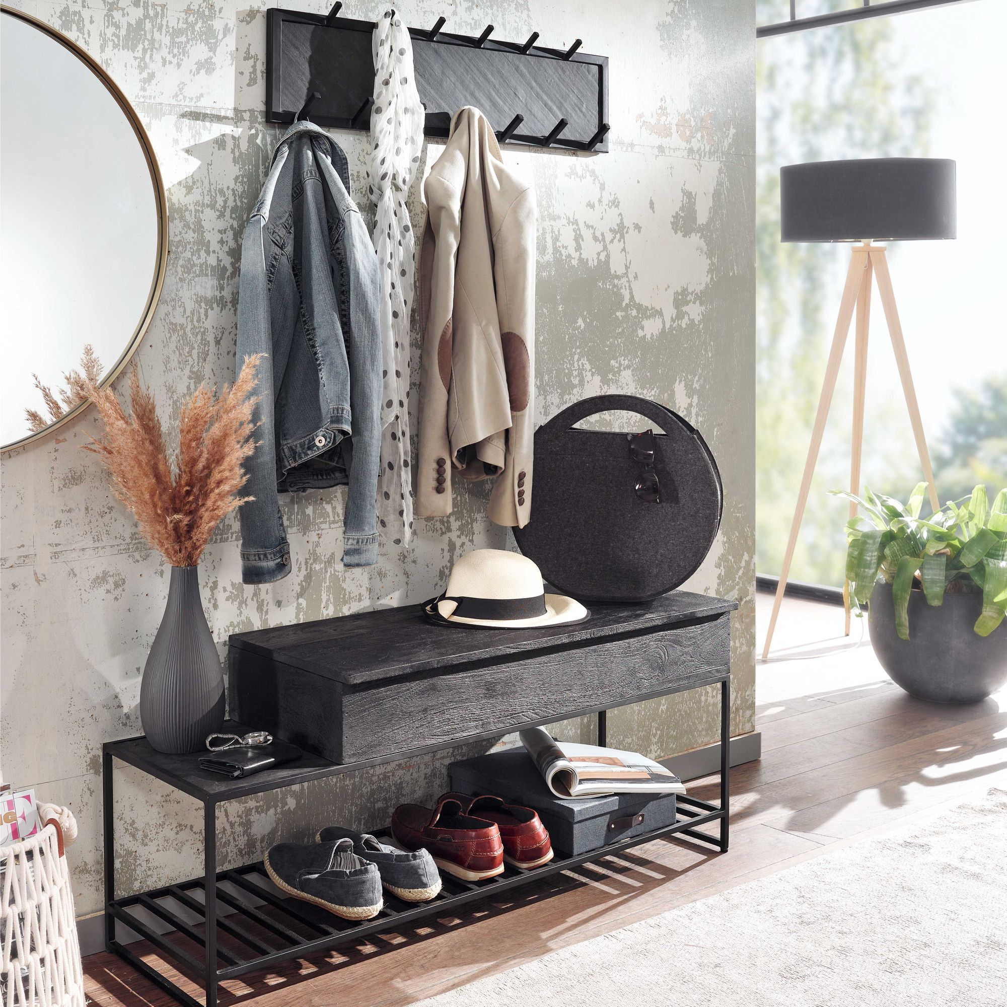 Bench with wall wardrobe black mango solid wood shoe bench 110 cm