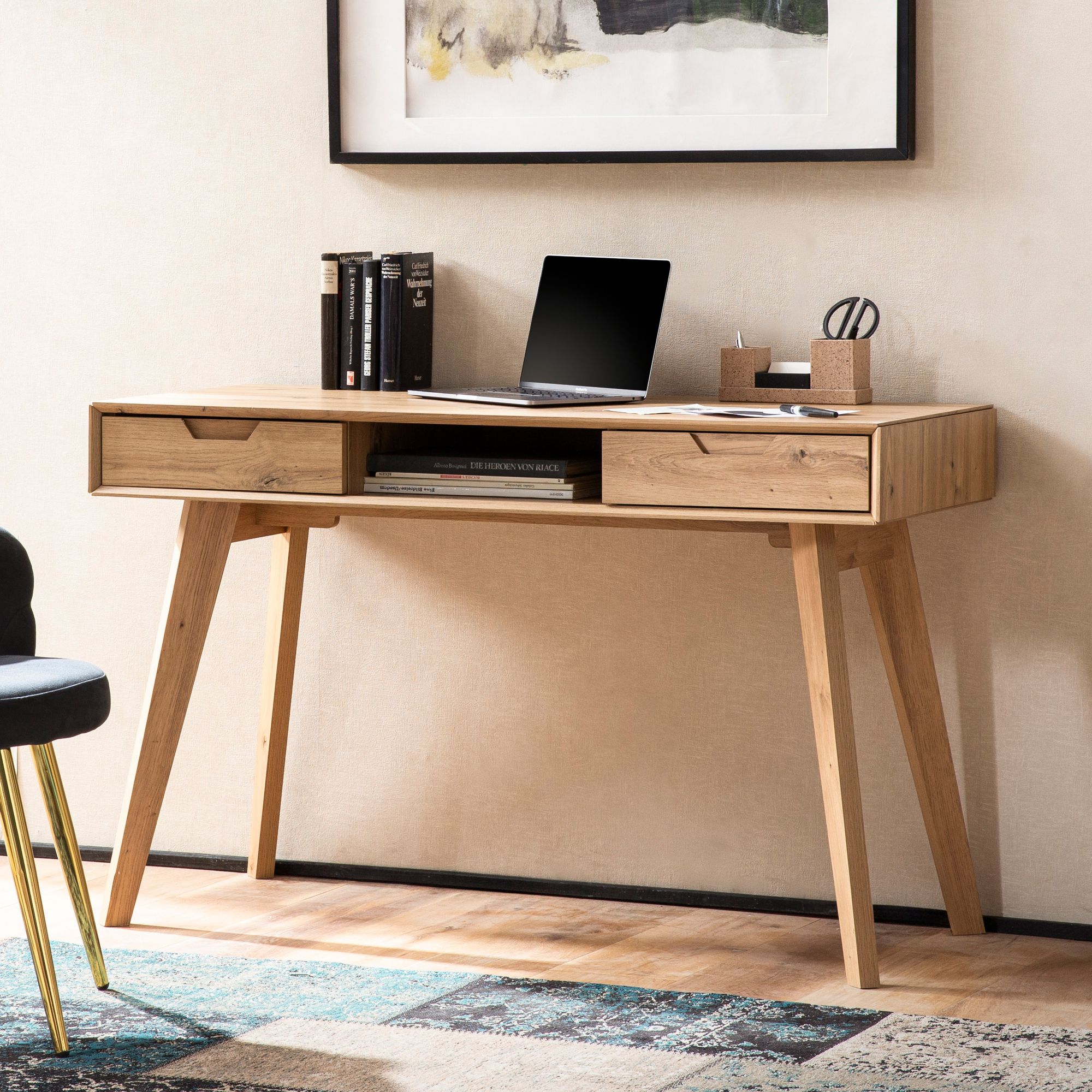 Desk 120x55x77 cm oak decor with storage space, scandinavian design office table with drawers, home office laptop table computer table study with solid wood legs