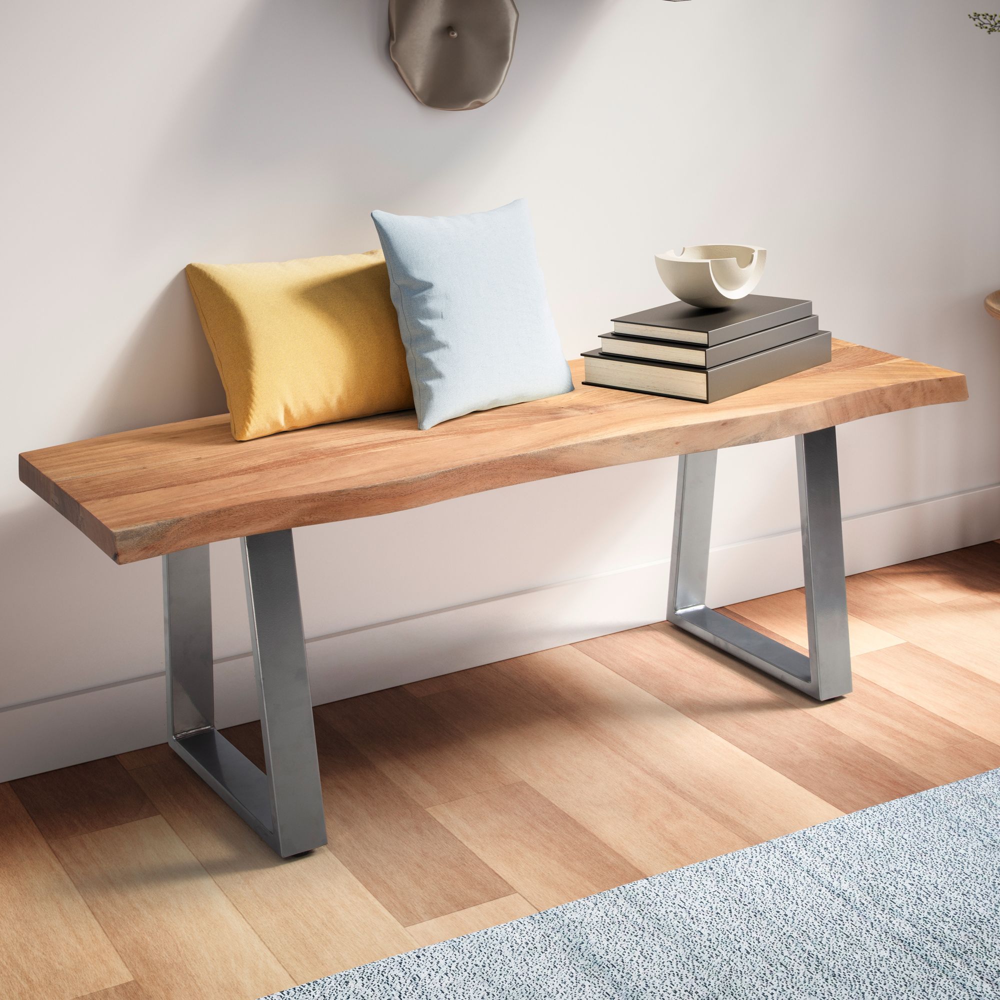 Wardrobe bench 120x40x45.5 cm acacia solid wood / metal with tree edge, hall bench solid wooden bench without backrest, hall bench modern entrance area small trapezoid legs chrome