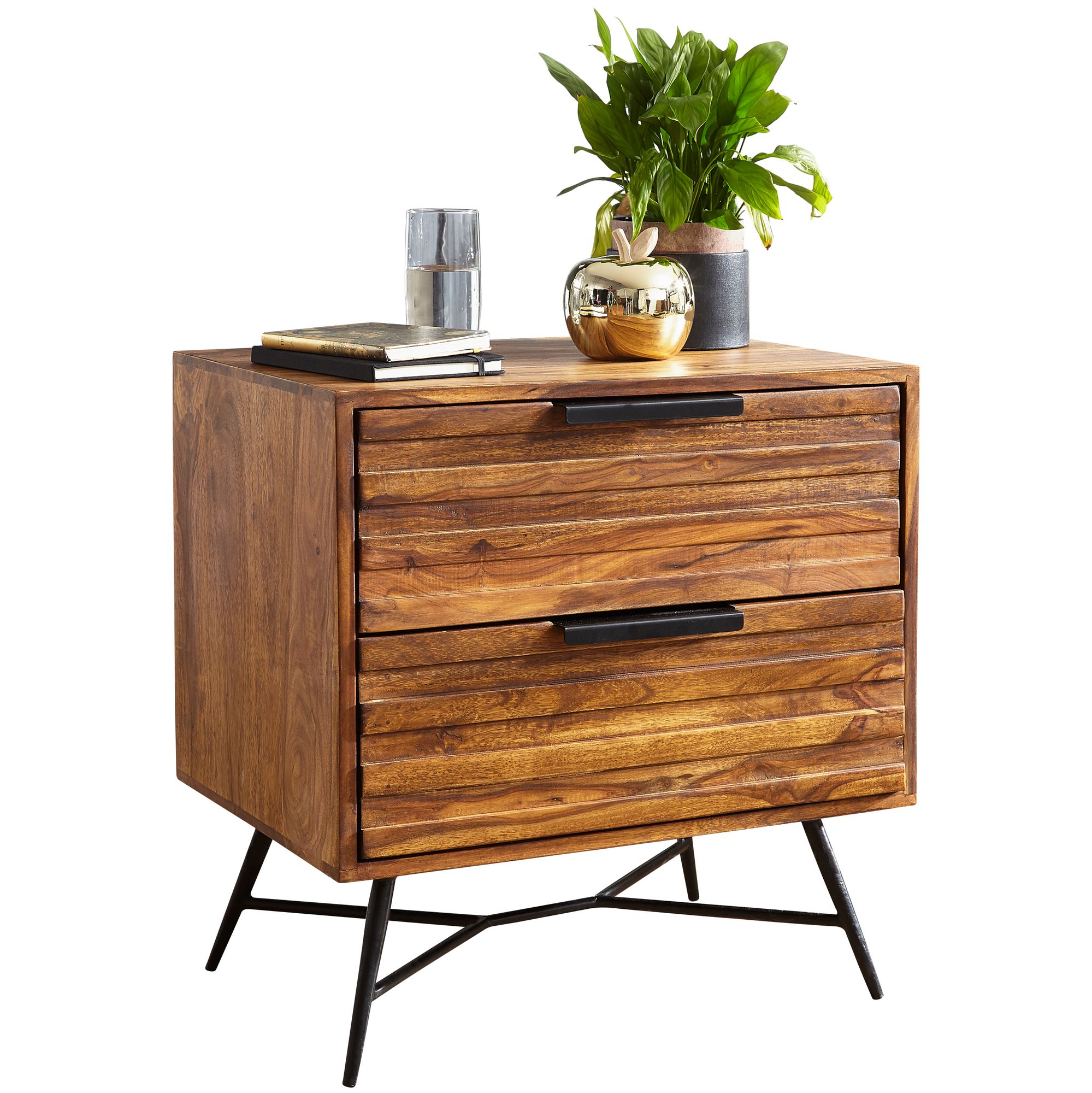 Nightstand Sheesham Solid Wood Natural Color 60x60x40 cm | Industrial Design | Bedside Table with Drawers and Storage