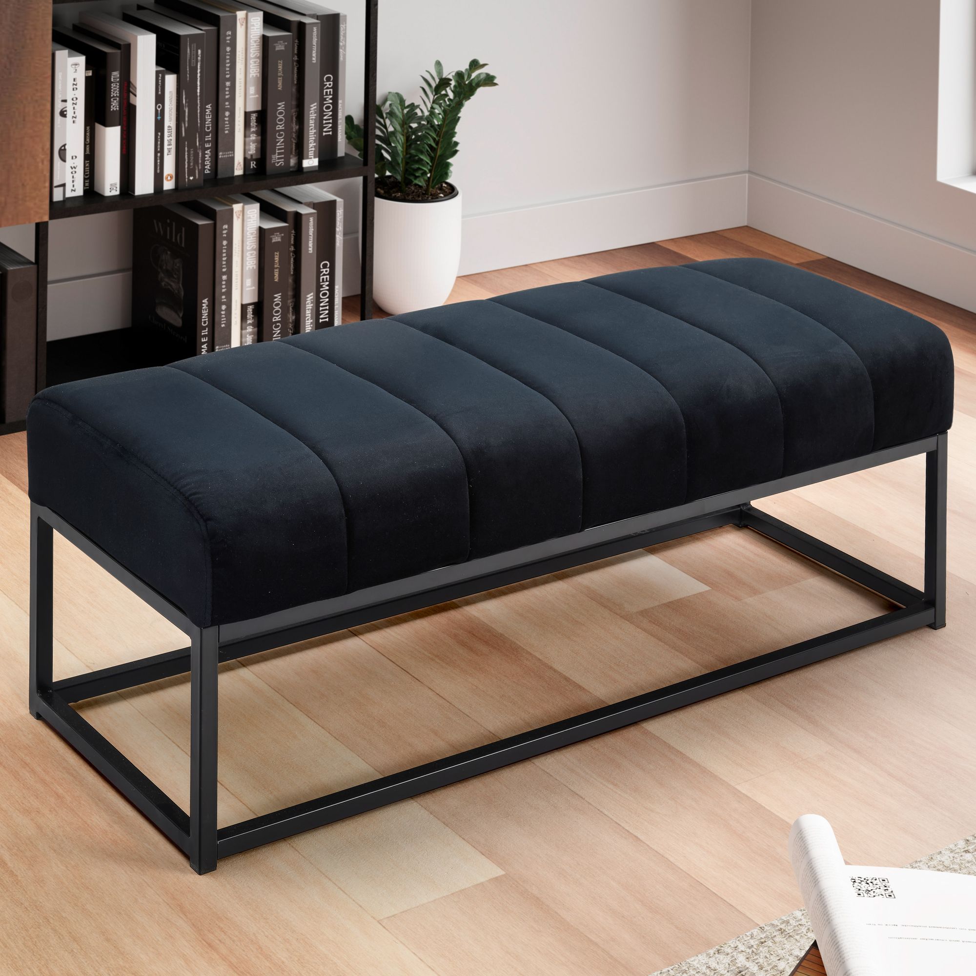 Bench velvet black 108x40x40 cm hallway upholstered bench with metal frame, designer bed bench bedroom quilted, hallway bench wardrobe bench modern