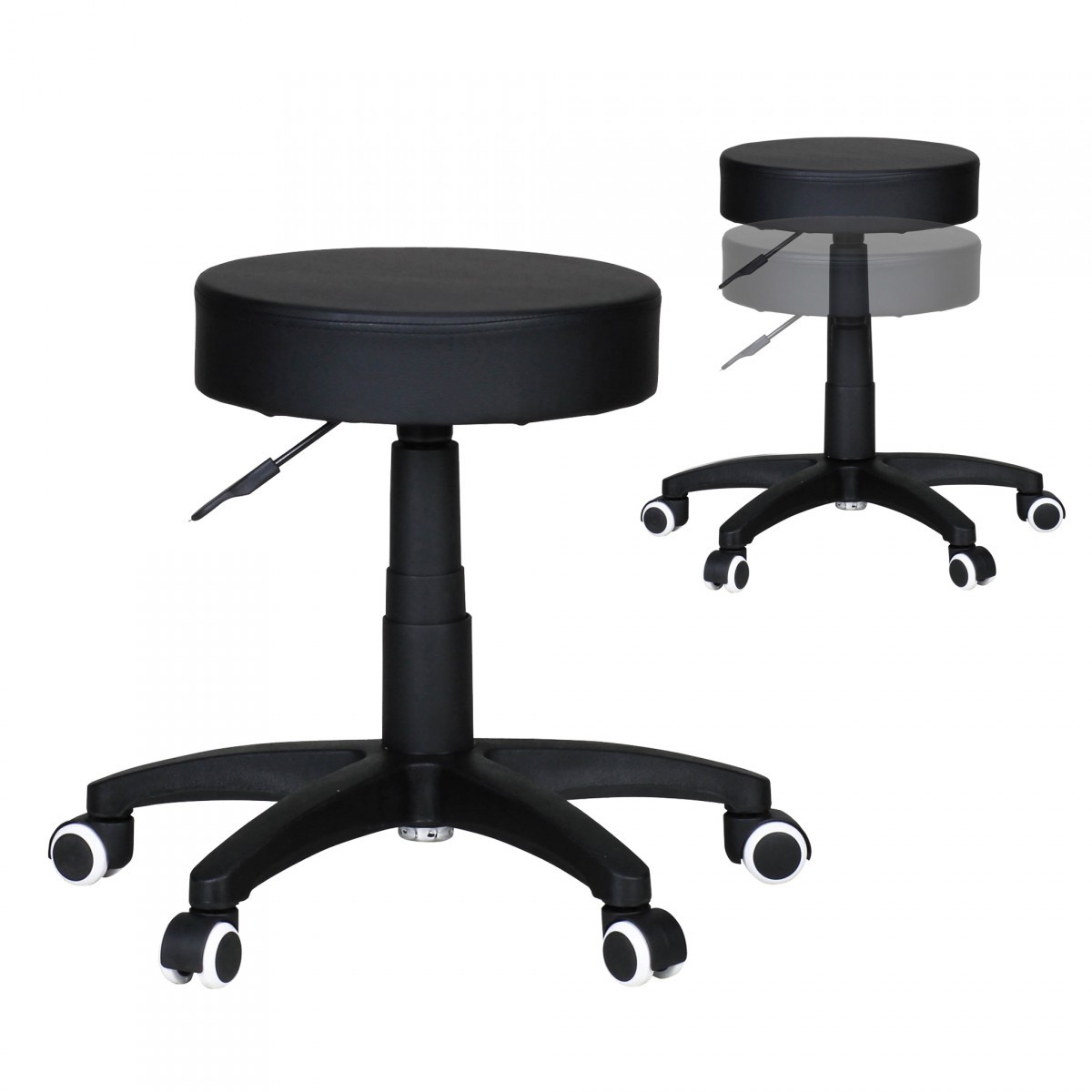 Design Work Stool Synthetic Leather Black with Wheels | 44-55 cm Height x 35 cm Diameter