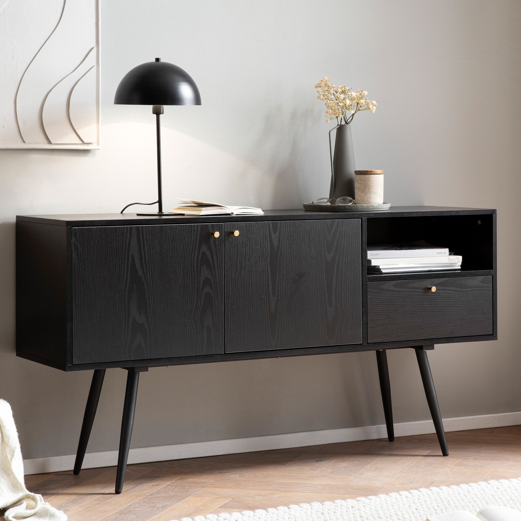 Sideboard 140x75x40 cm chest of drawers black with oak decor timeless, tall chest of drawers, standing cupboard living room with 2 doors and drawer, sideboard with open compartment