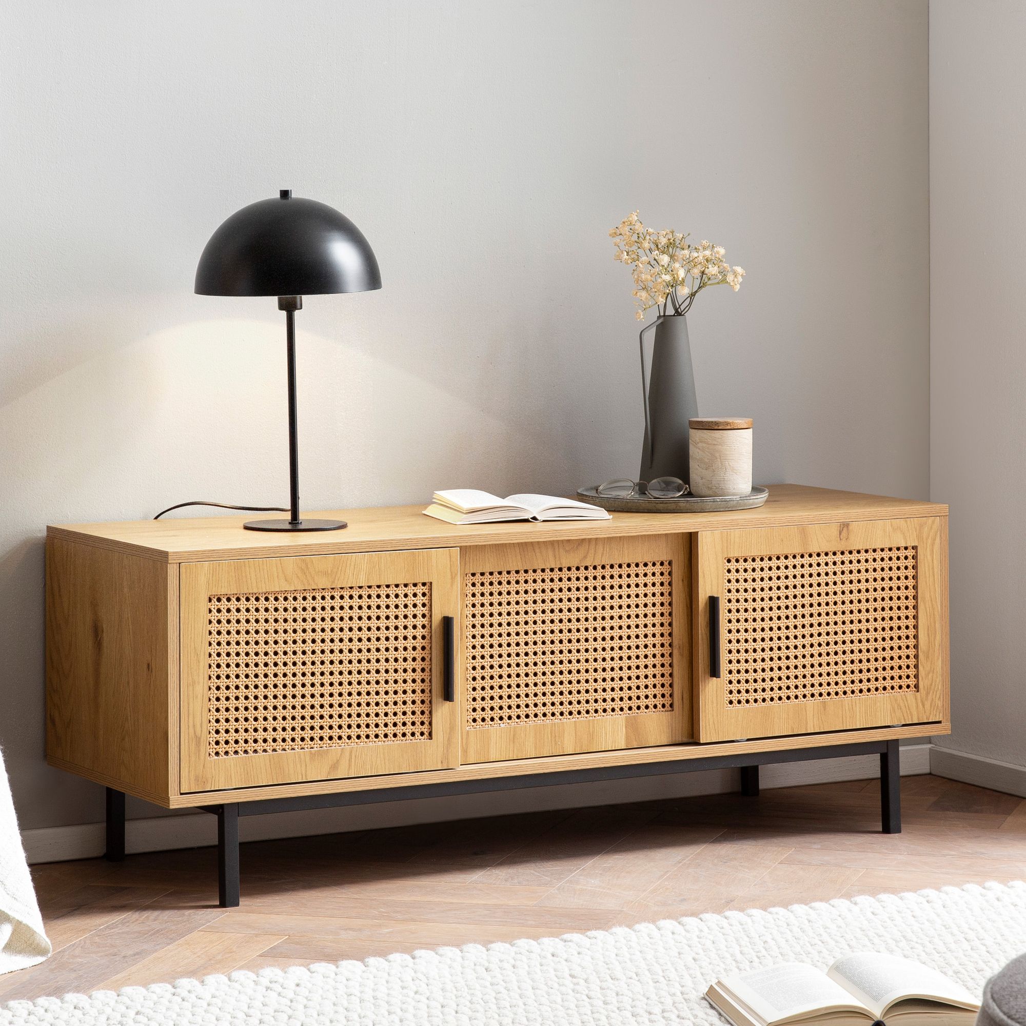 Lowboard oak decor with viennese wickerwork 120x45.5x40 cm tv cabinet timeless with sliding doors, designer tv cabinet high, tv table tv cabinet, tv cabinet living room rattan