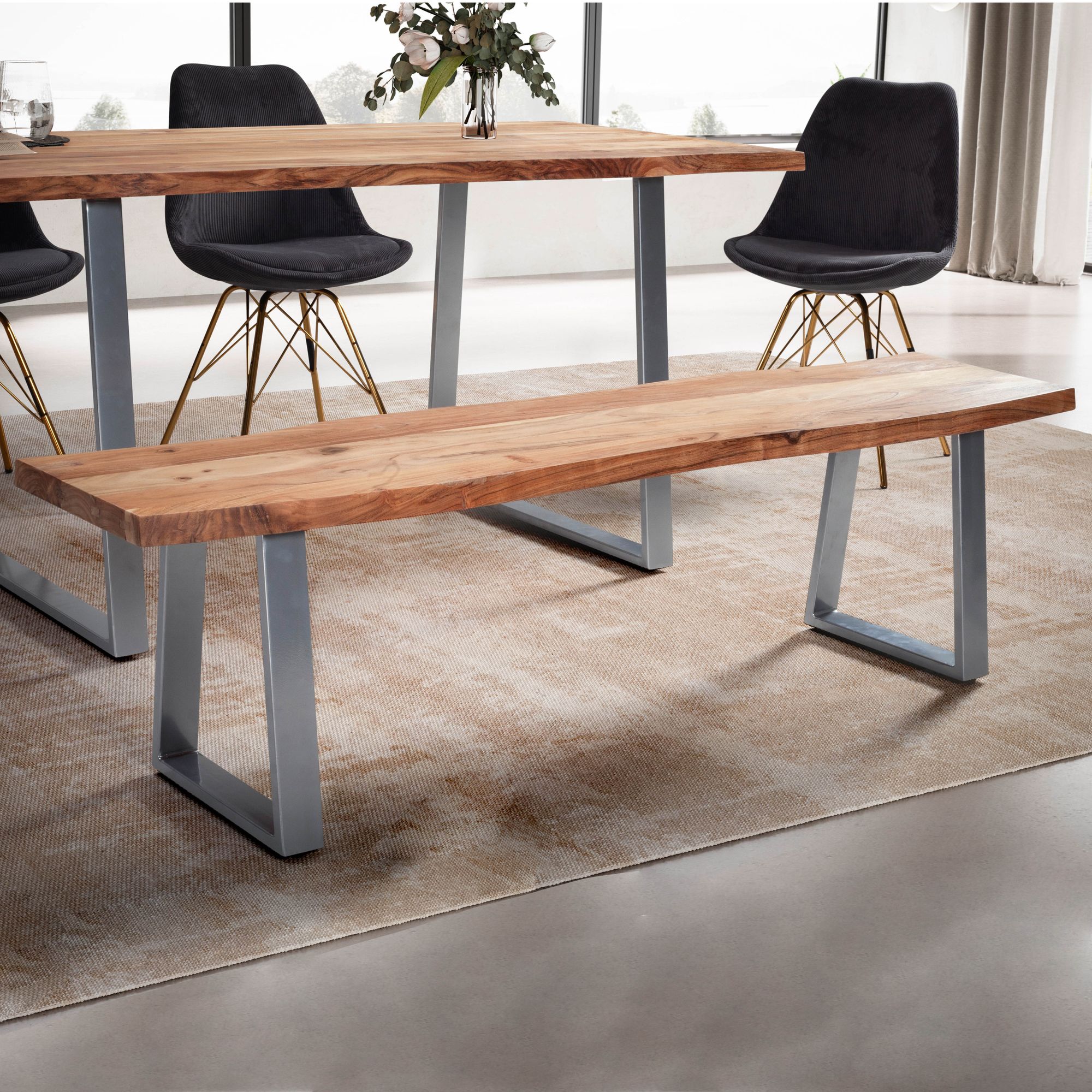 Dining room bench 120x40x45.5 cm acacia solid wood / metal with tree edge, dining table bench solid wooden bench without backrest, kitchen bench chrome dining bench modern, dining room bench small