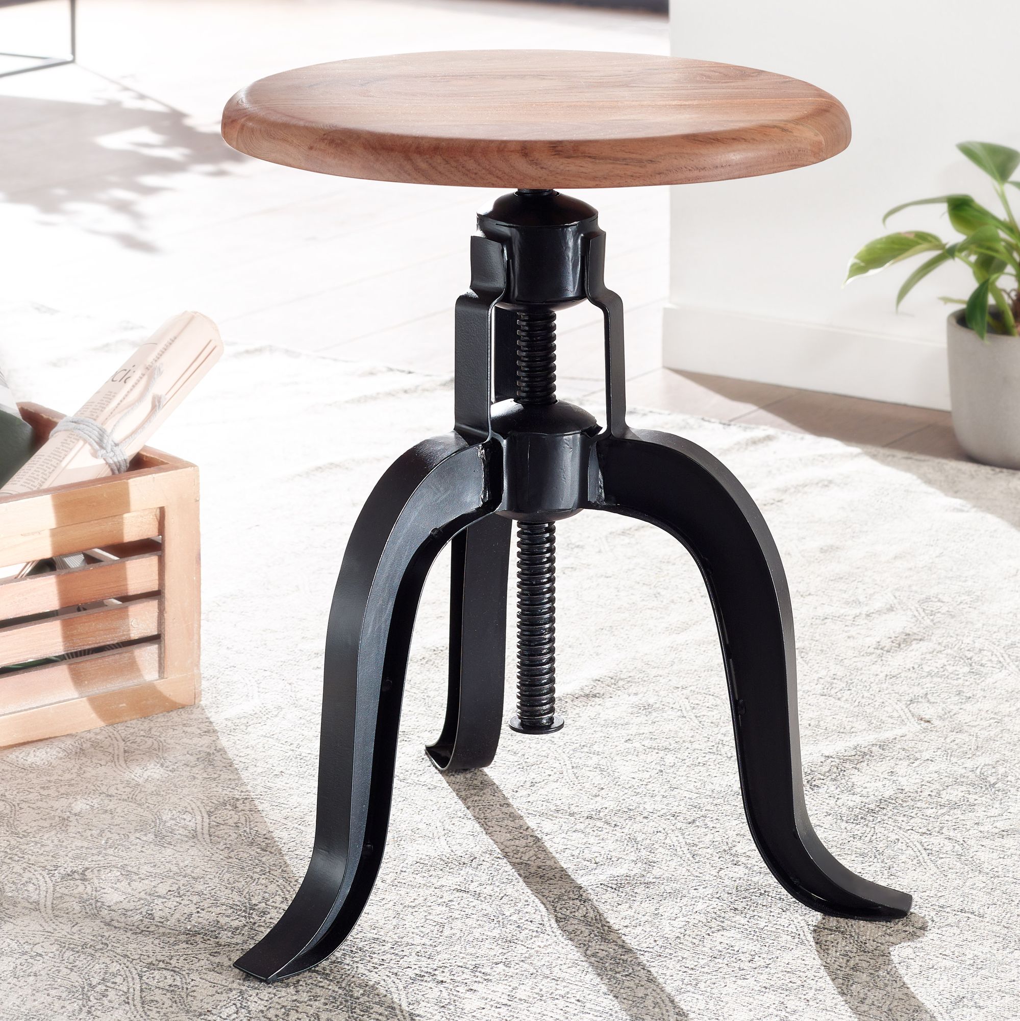 Rotating stool 39x62.5x39 cm Acacia solid wood / black metal | Adjustable height industrial design | Small bar stool