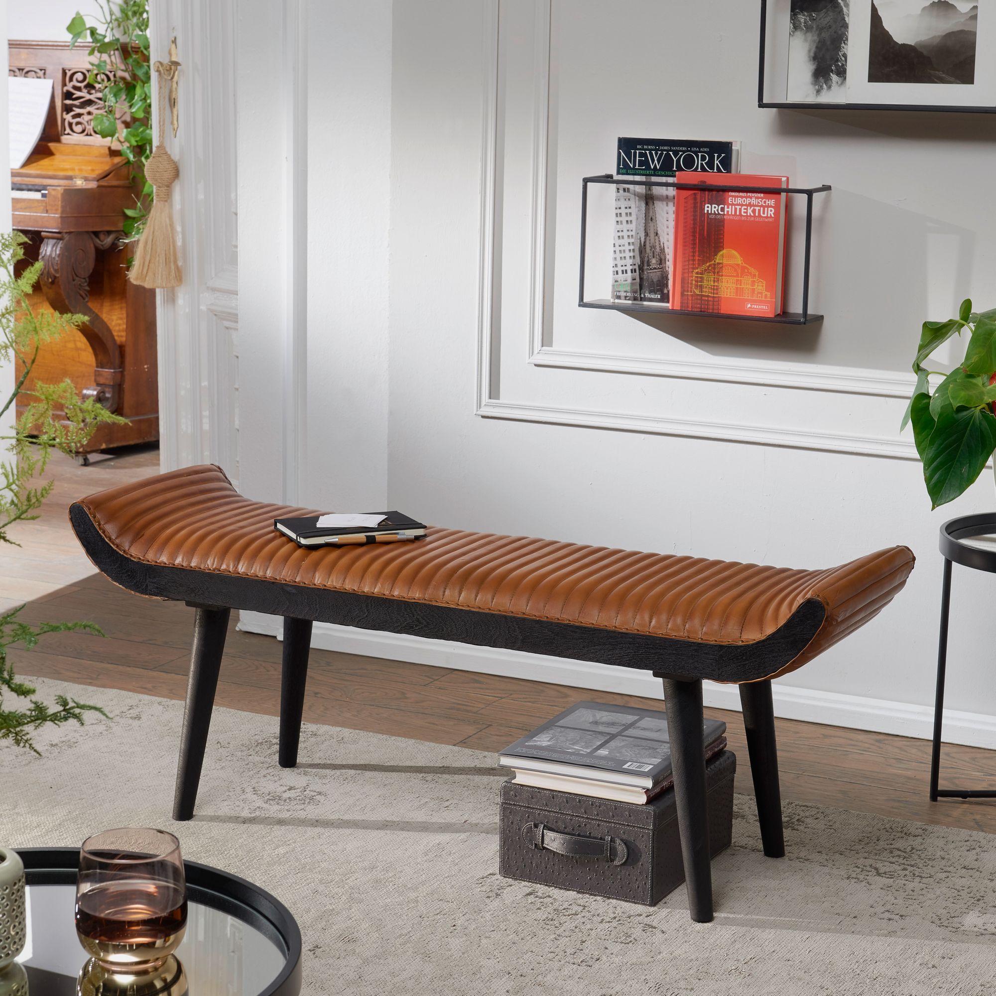Bench genuine leather / solid wood bench brown 125x51x38 cm modern