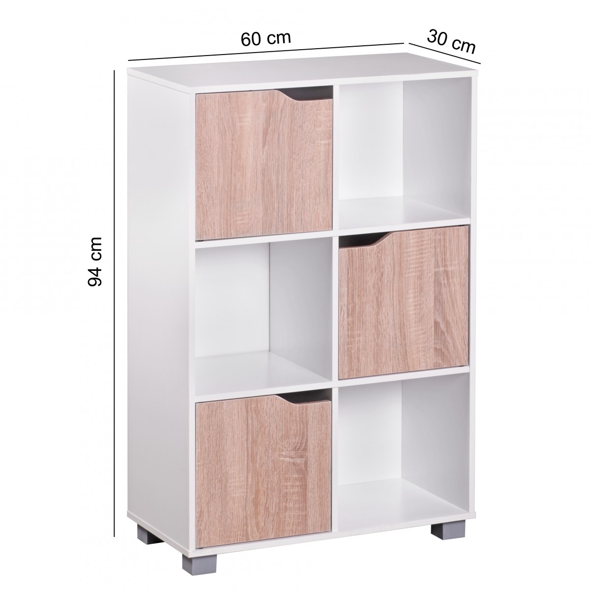 Design bookcase modern wood white with doors sonoma oak standing shelving detached 6 compartments 60 x 90 x 30 cm