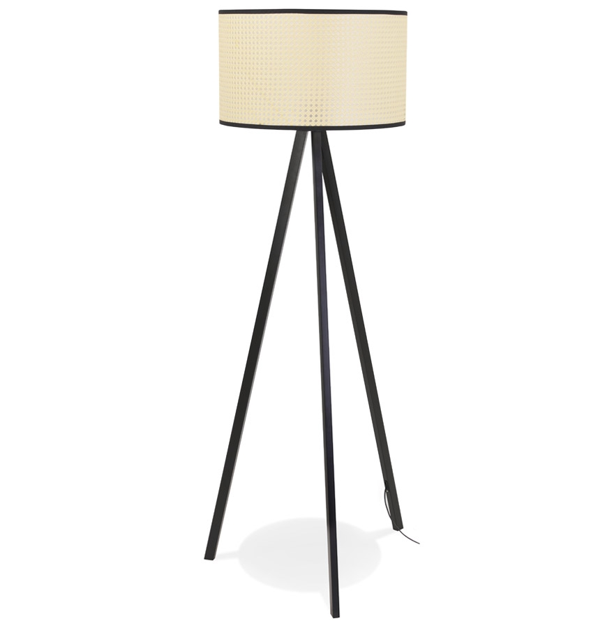 'RITA' rattan tripod floor lamp with 3 black metal legs