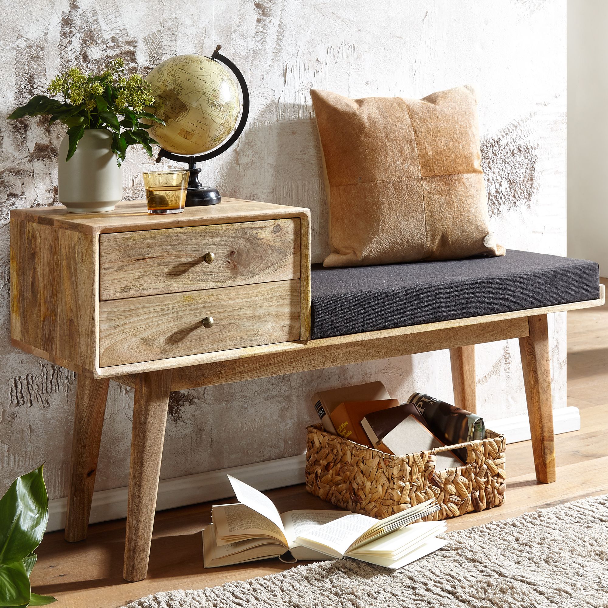 Bench fabric / solid wood bench 120x65x40 cm in retro style