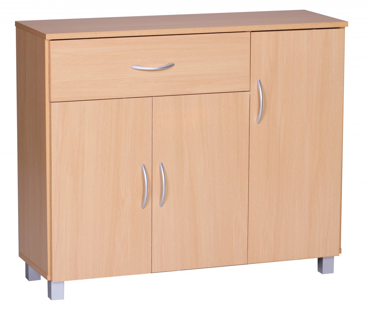 SETE Sideboard Beech Wood Matt 90 x 75 x 30 cm | 1 Drawer & 3 Doors, Grey Aluminum Handles