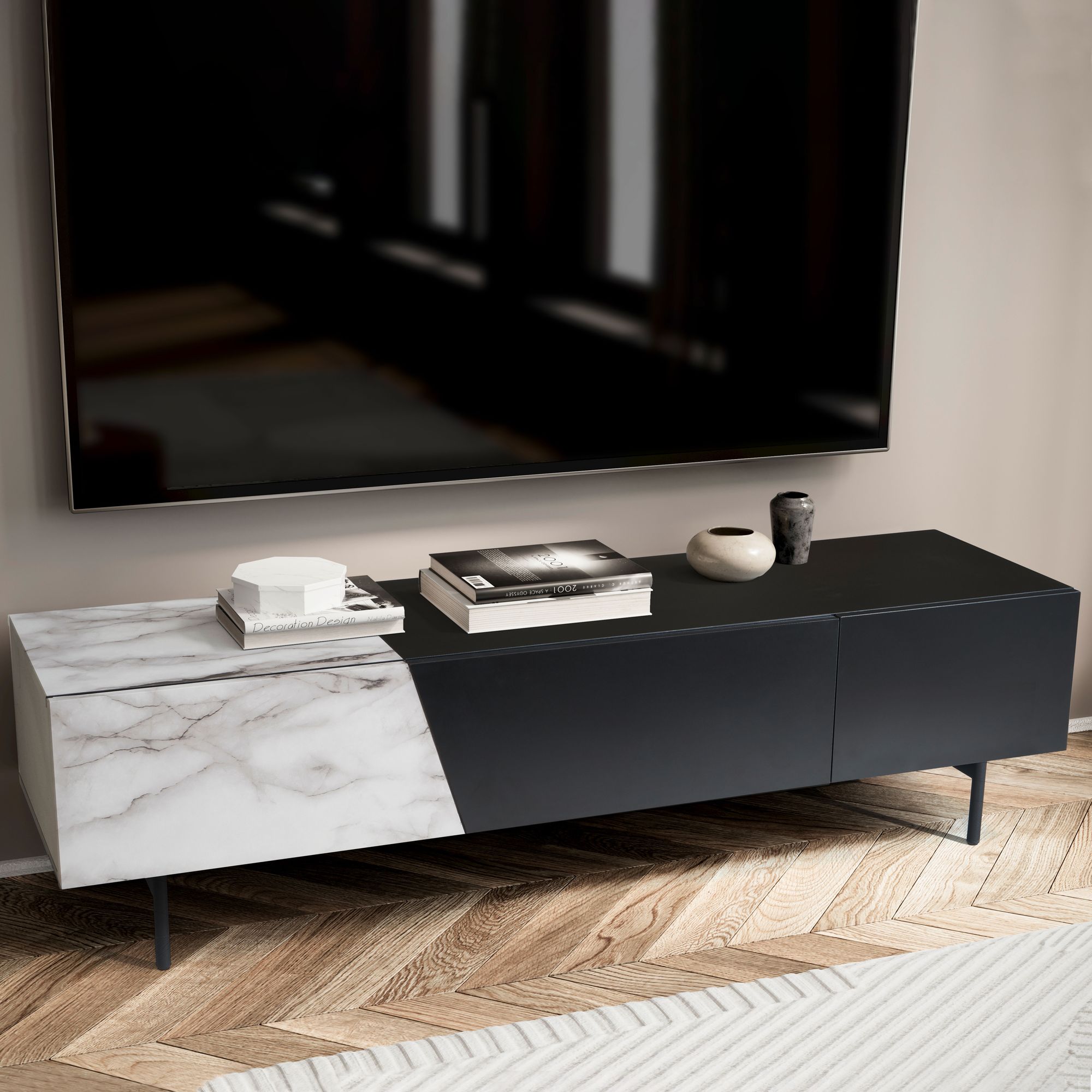 Lowboard black with marble decor in white 150x40x40 cm tv cabinet modern, designer tv cabinet low, tv table tv cabinet with doors & drawer, tv cabinet living room
