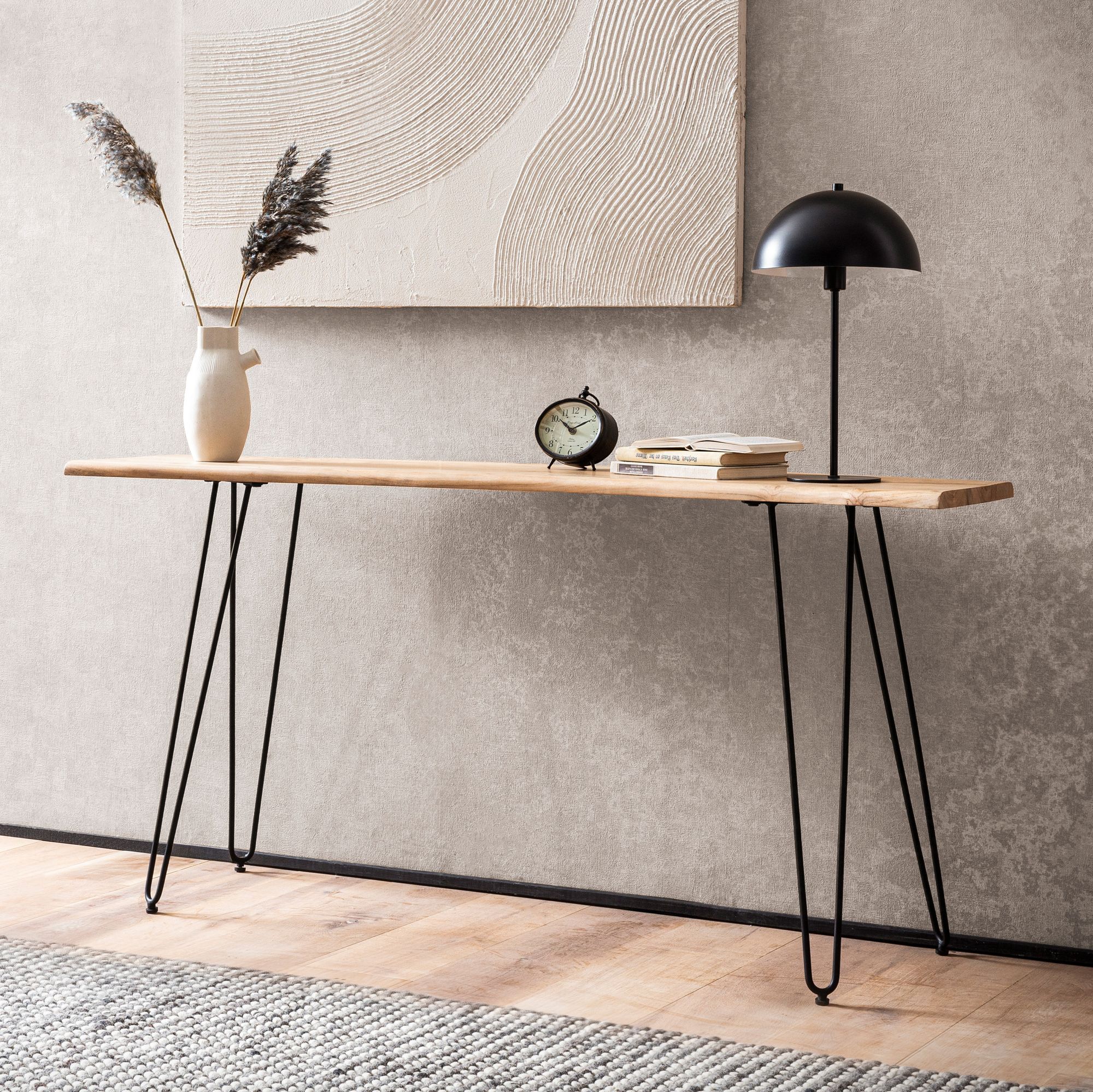 Console table 150x36x75 cm acacia solid wood tree edge sideboard hallway, storage table with hairpin legs narrow modern, hallway table metal frame, hall table long high