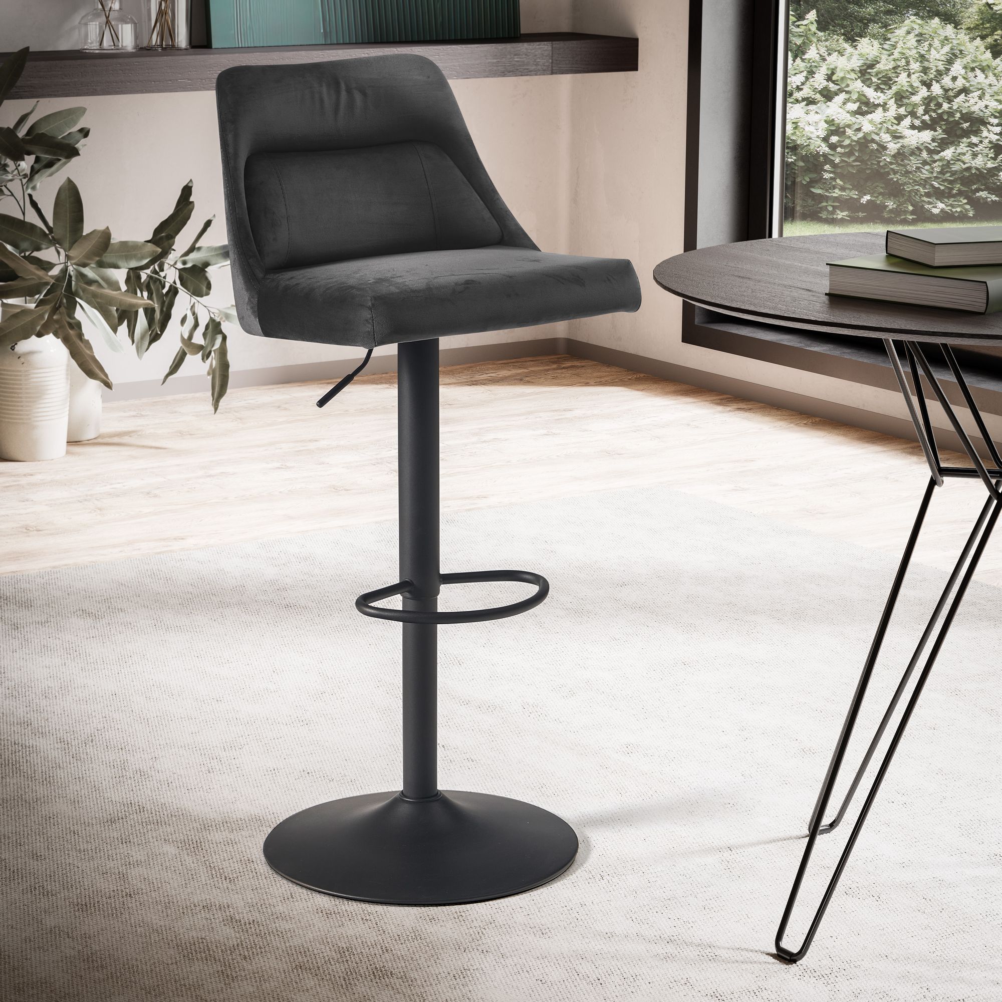 Bar Stool Grey Velvet | Backrest | Height Adjustable 86-106 cm