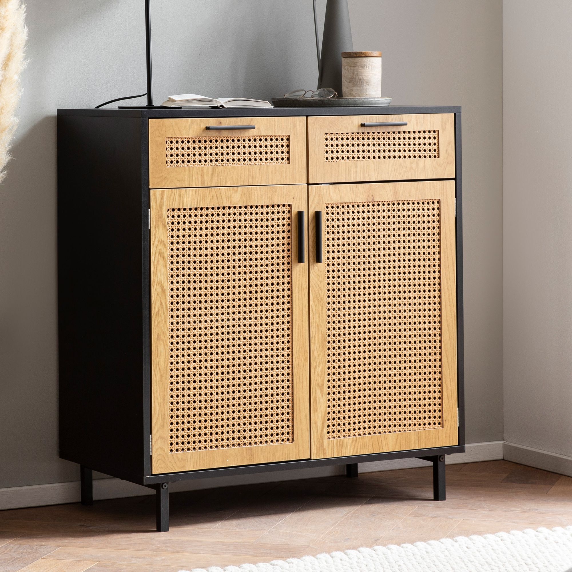 Black Sideboard with Vienna Cane and Drawers | 80x86.5x40 cm | MDF, Iron