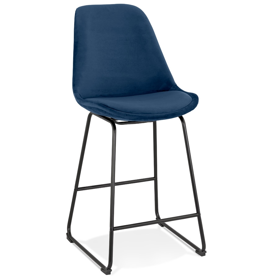 'BULLY MINI' mid-height snack stool in blue velvet and black metal legs