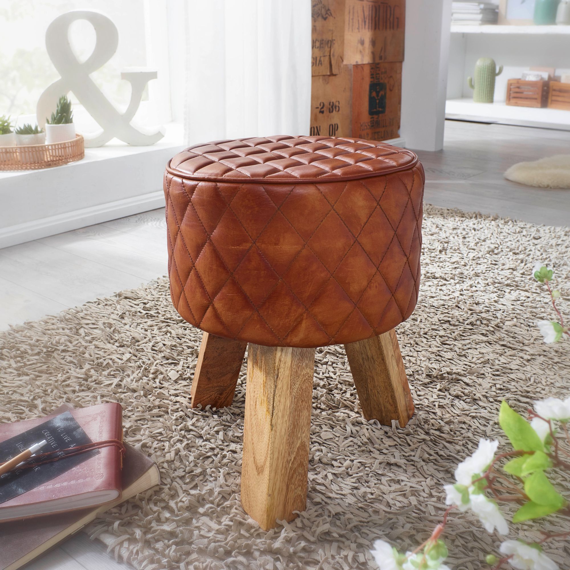 Stool genuine leather / solid wood 35x46x35 cm modern foot stool round
