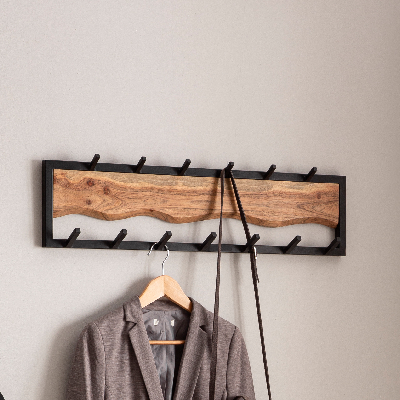 Wall coat rack solid acacia wood / metal 80x20x8 cm
