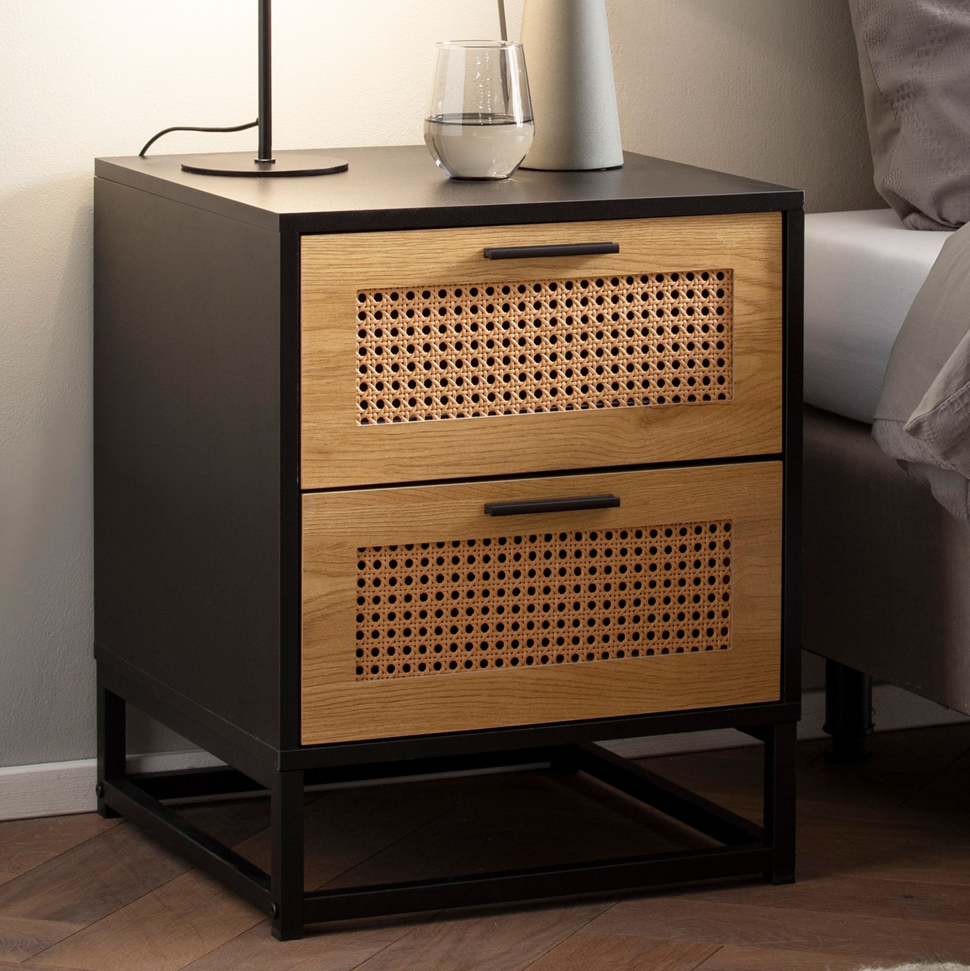 Night console black with viennese wickerwork 45x45x56 cm timeless nightstand, nightstand box spring bed with drawers, nightstand with storage space