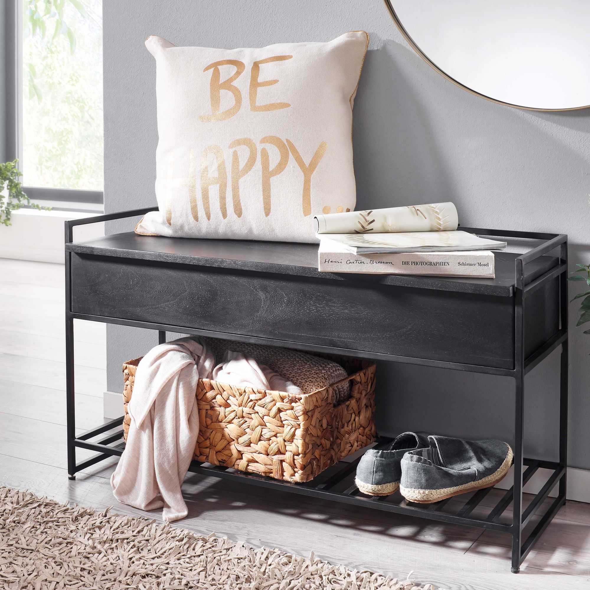 Bench with storage space 90x52x38 cm mango solid wood / metal corridor bench black