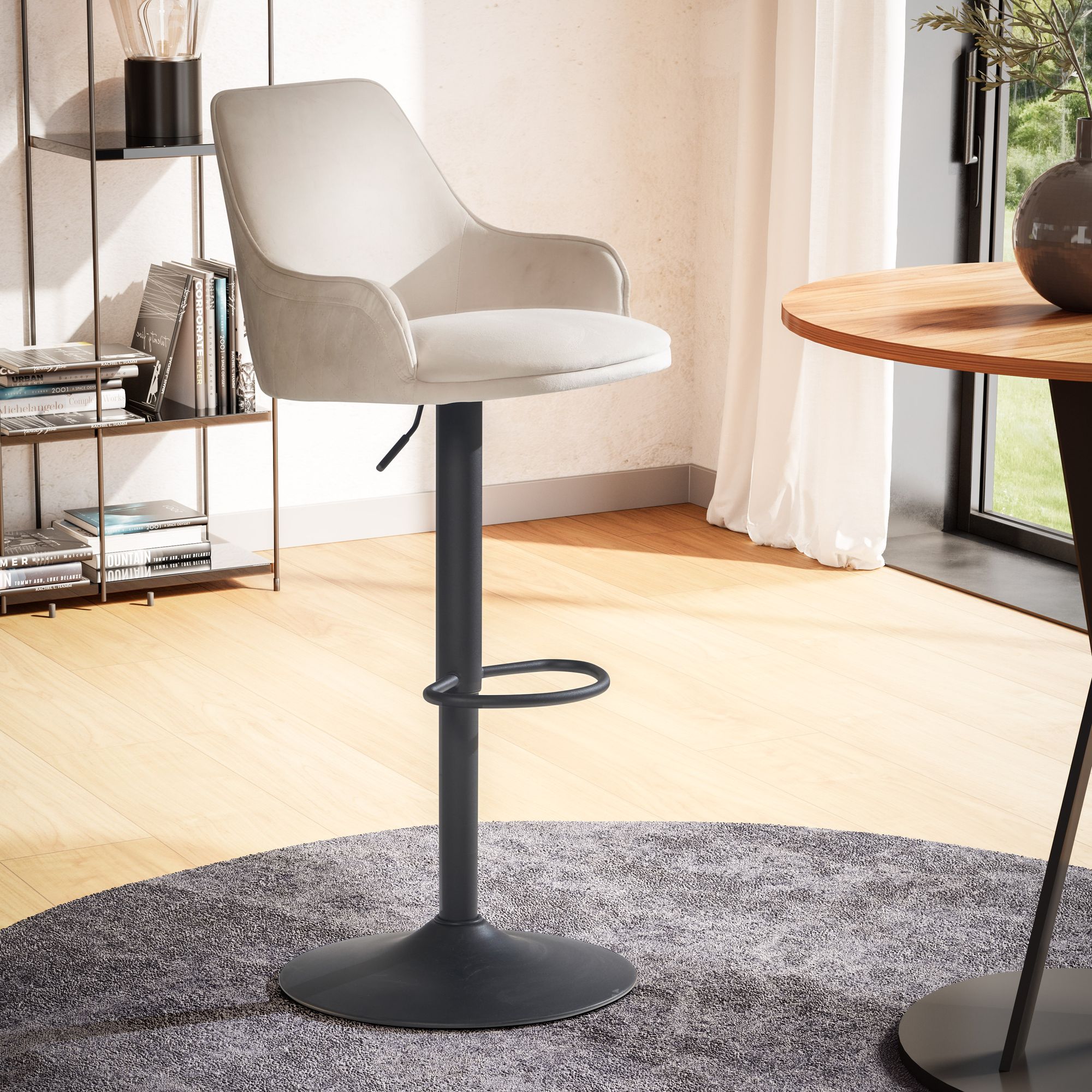 Beige Velvet Bar Stool | Black Metal Trumpet Base | Adjustable Height 86-106 cm