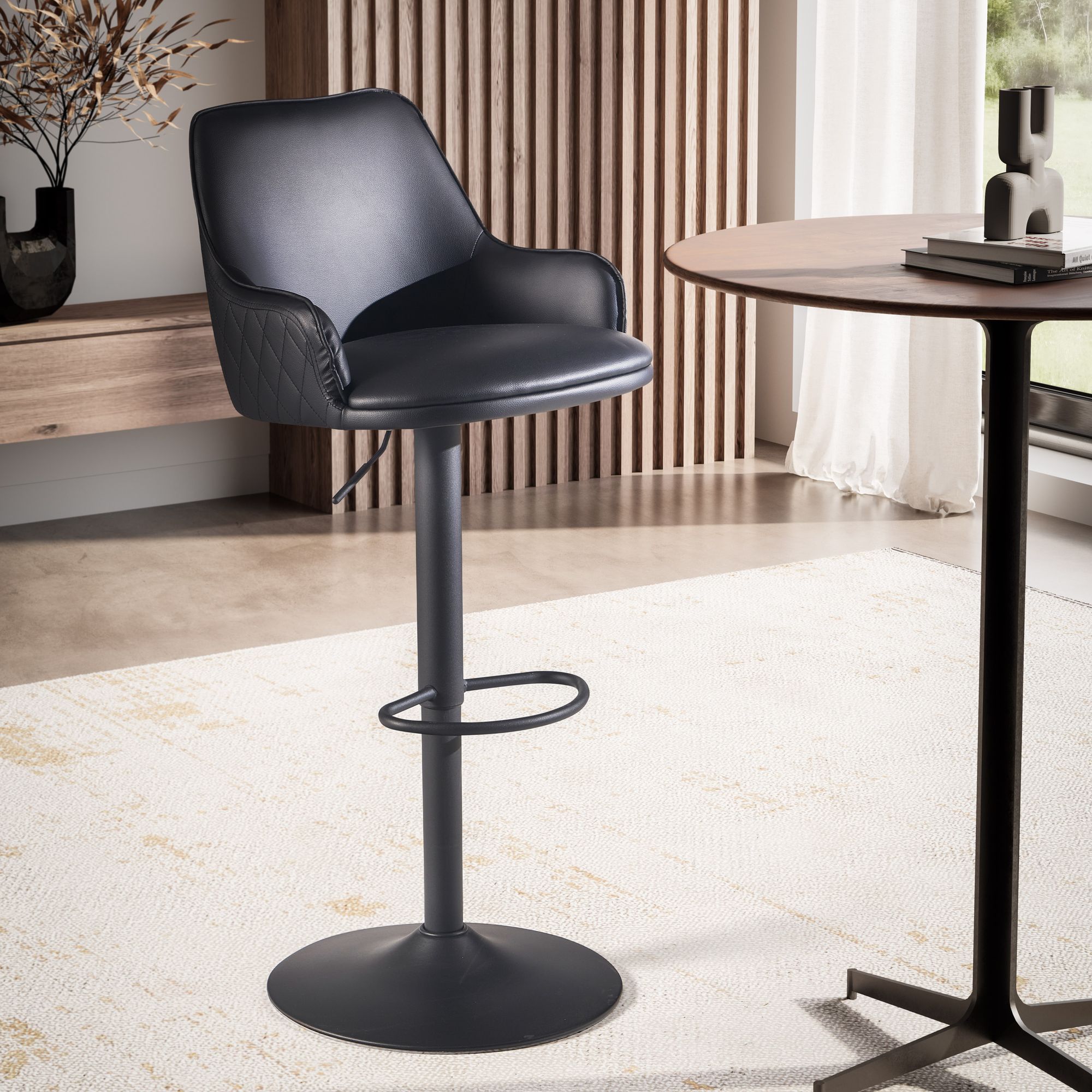 Black Faux Leather Bar Stool | Metal Trumpet Base | Adjustable Height 86-106 cm