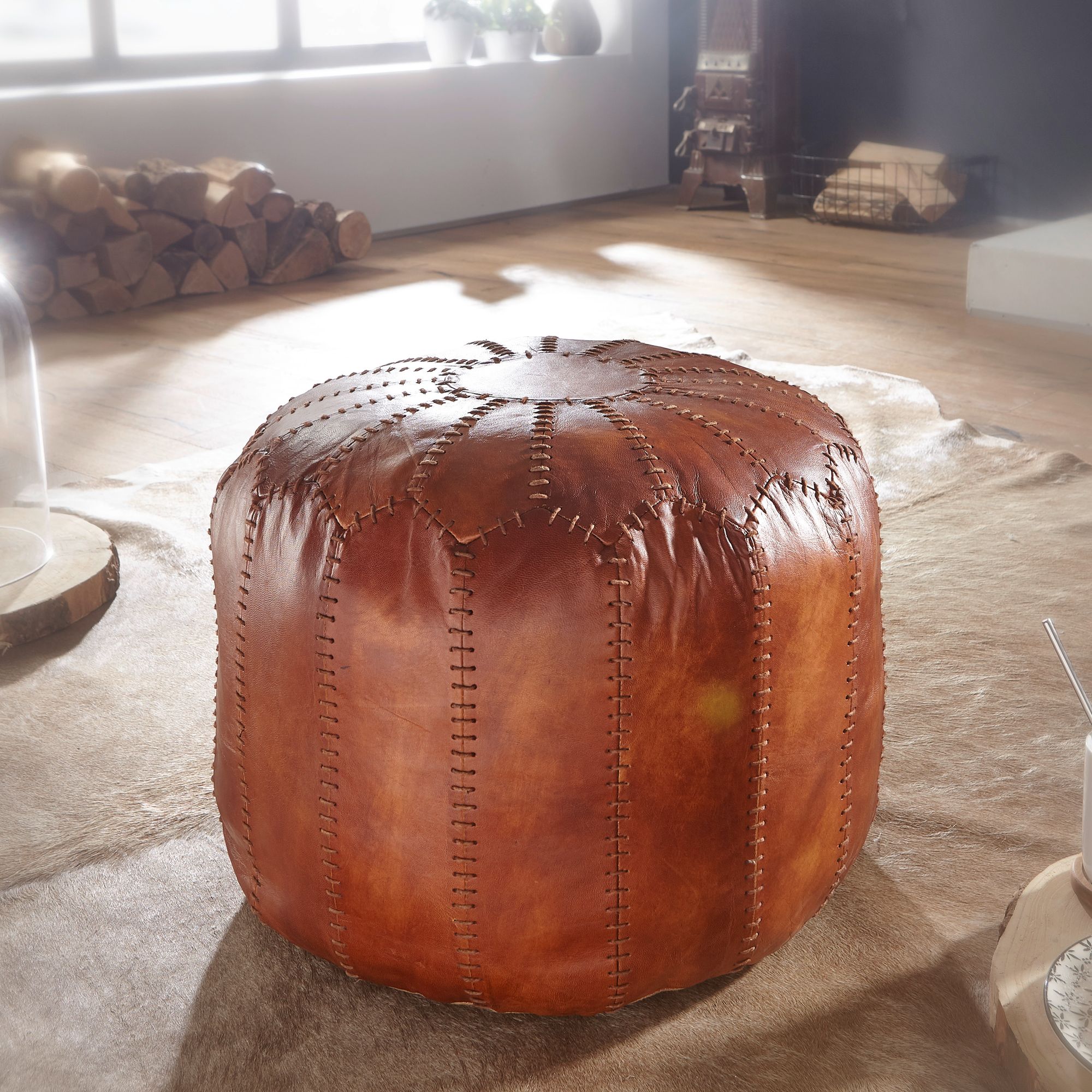 Genuine Brown Leather Ottoman Stool | 52x40x52 cm | Oriental Design Pouf